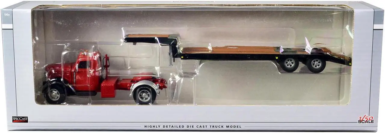 Main image of International KB-8 Truck with Lowboy Trailer Red and Black 1/50 Diecast Model by SpecCast