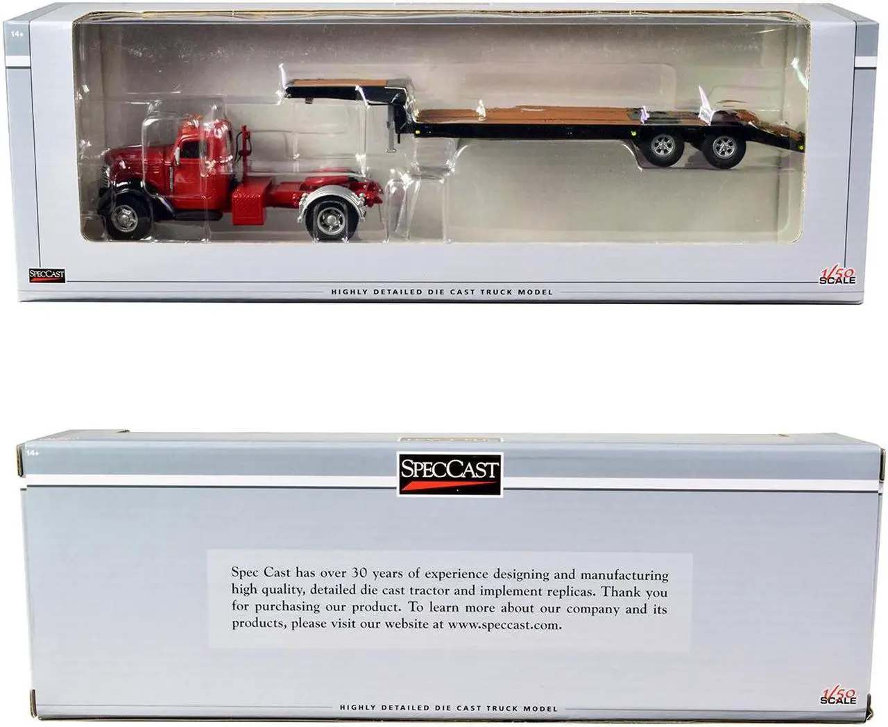 Alt view image 3 of 3 - International KB-8 Truck with Lowboy Trailer Red and Black 1/50 Diecast Model by SpecCast