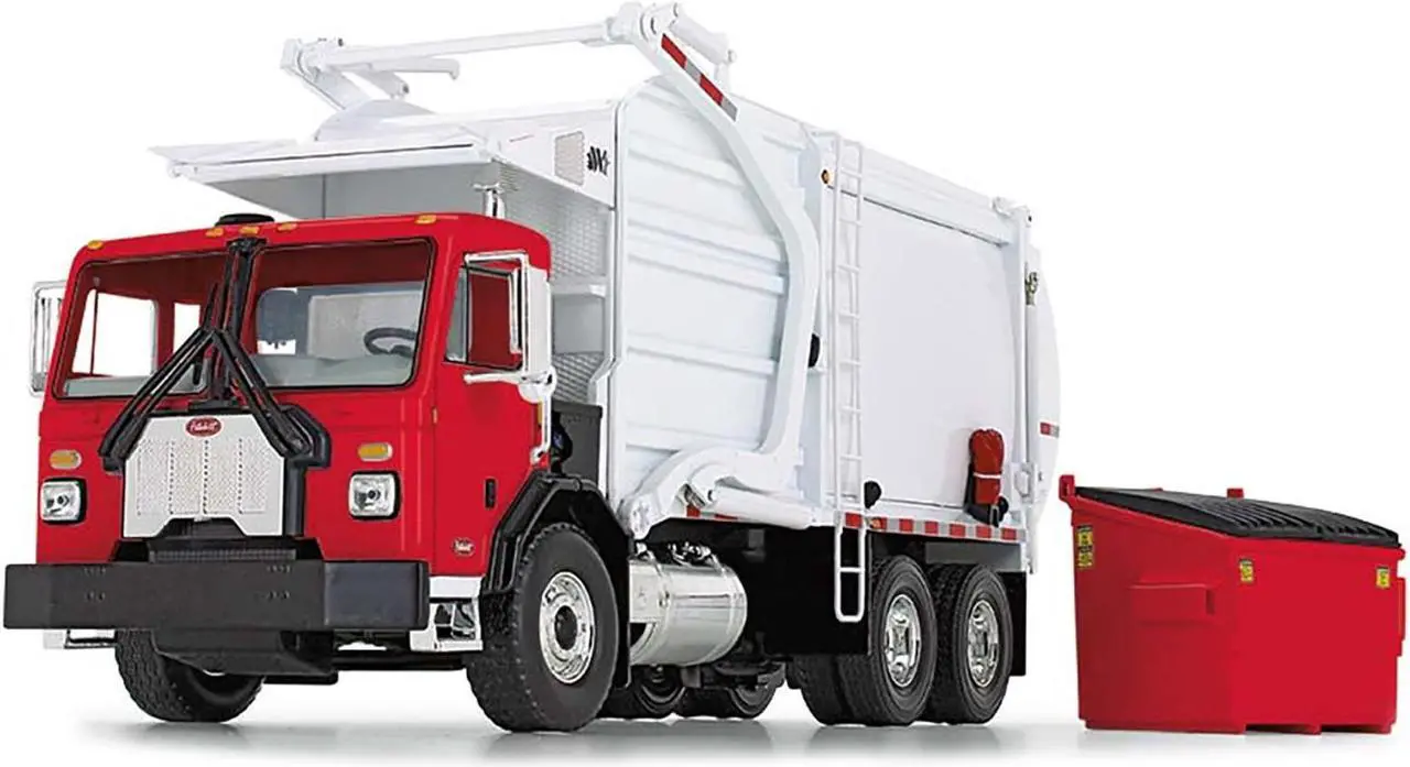 Alt view image 2 of 3 - Peterbilt 520 Refuse Garbage Truck with Wittke Front Loader and Trash Bin Red and White 1/34 Diecast Model by First Gear