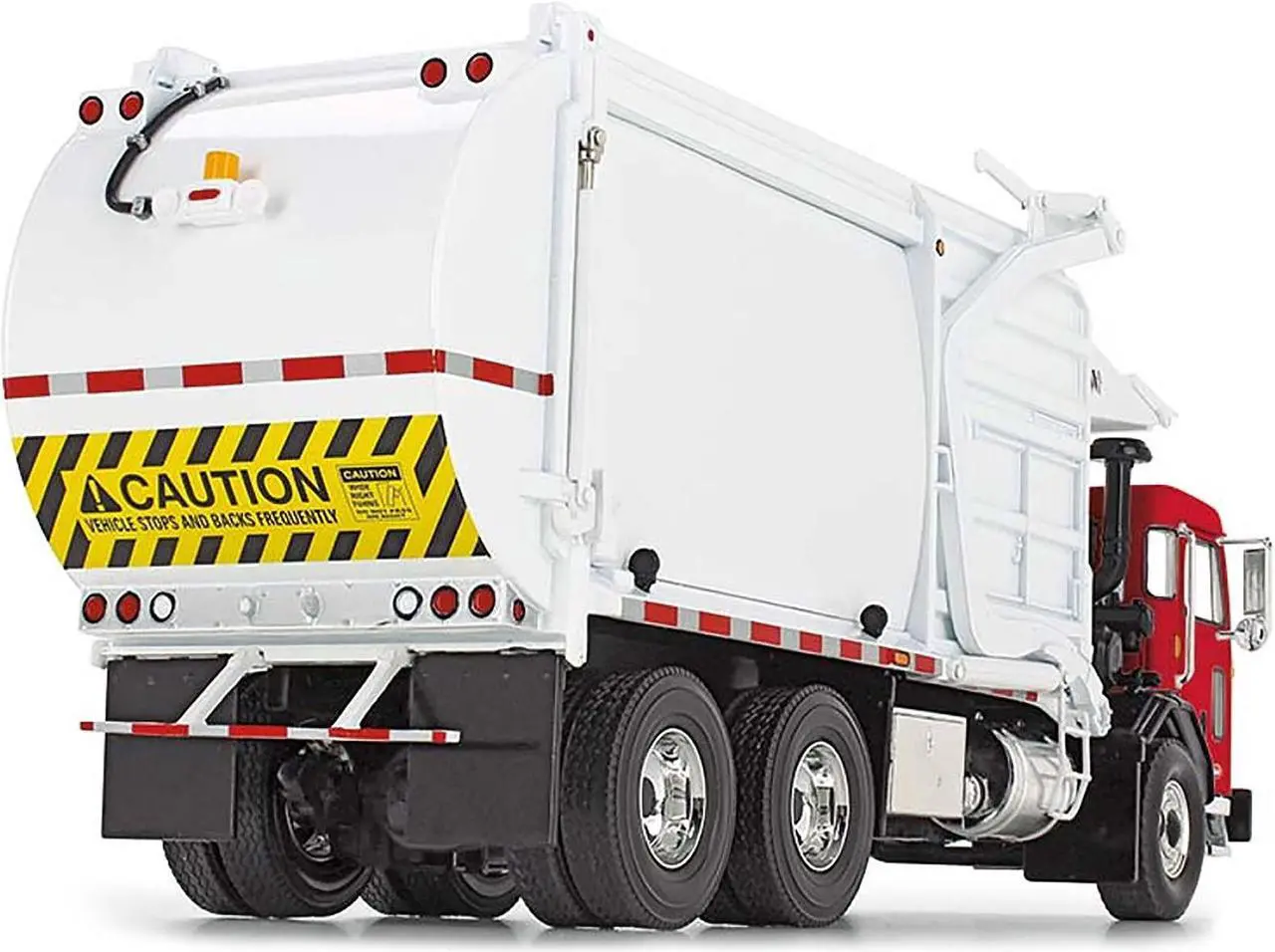Alt view image 3 of 3 - Peterbilt 520 Refuse Garbage Truck with Wittke Front Loader and Trash Bin Red and White 1/34 Diecast Model by First Gear