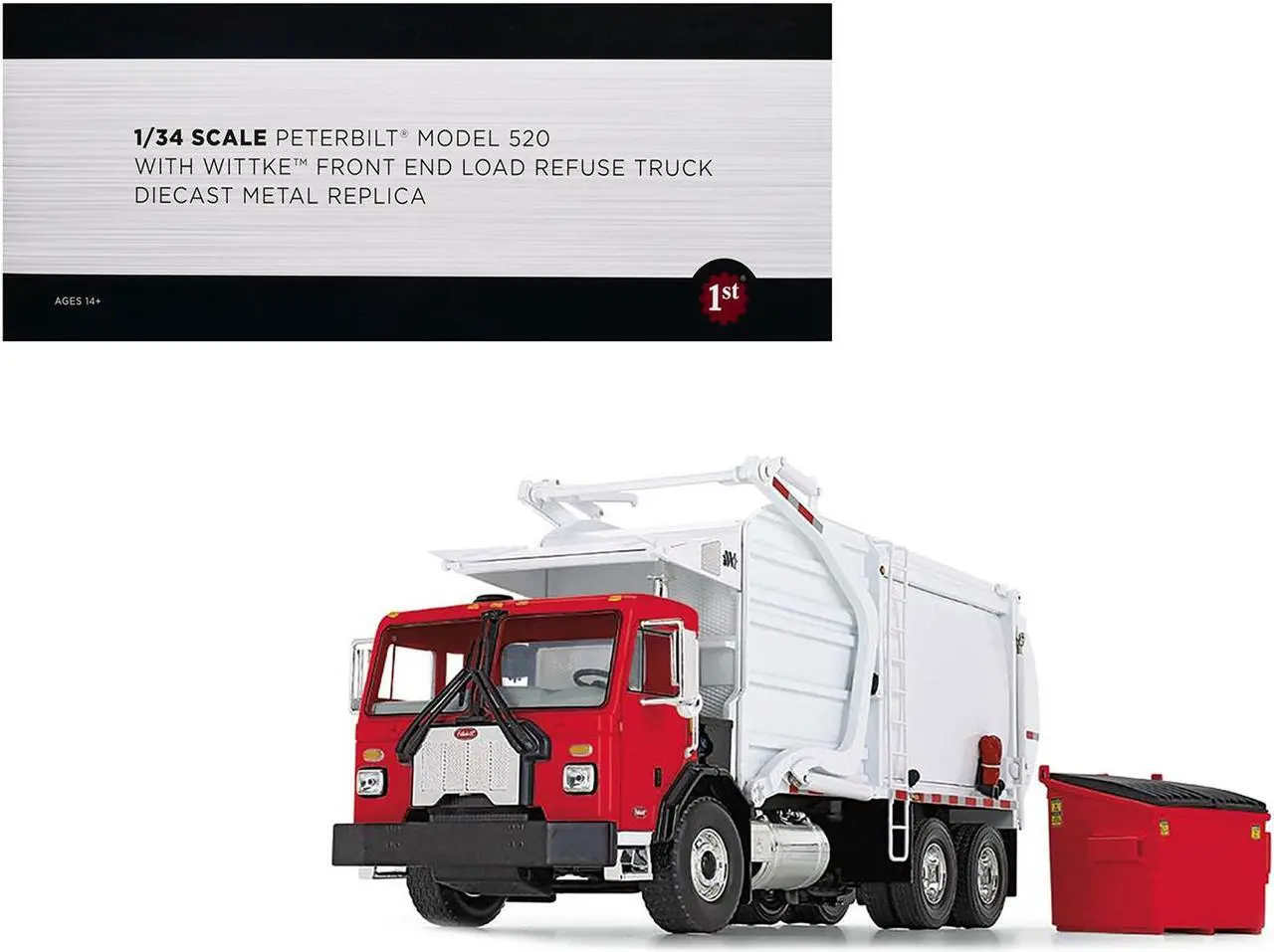 Main image of Peterbilt 520 Refuse Garbage Truck with Wittke Front Loader and Trash Bin Red and White 1/34 Diecast Model by First Gear