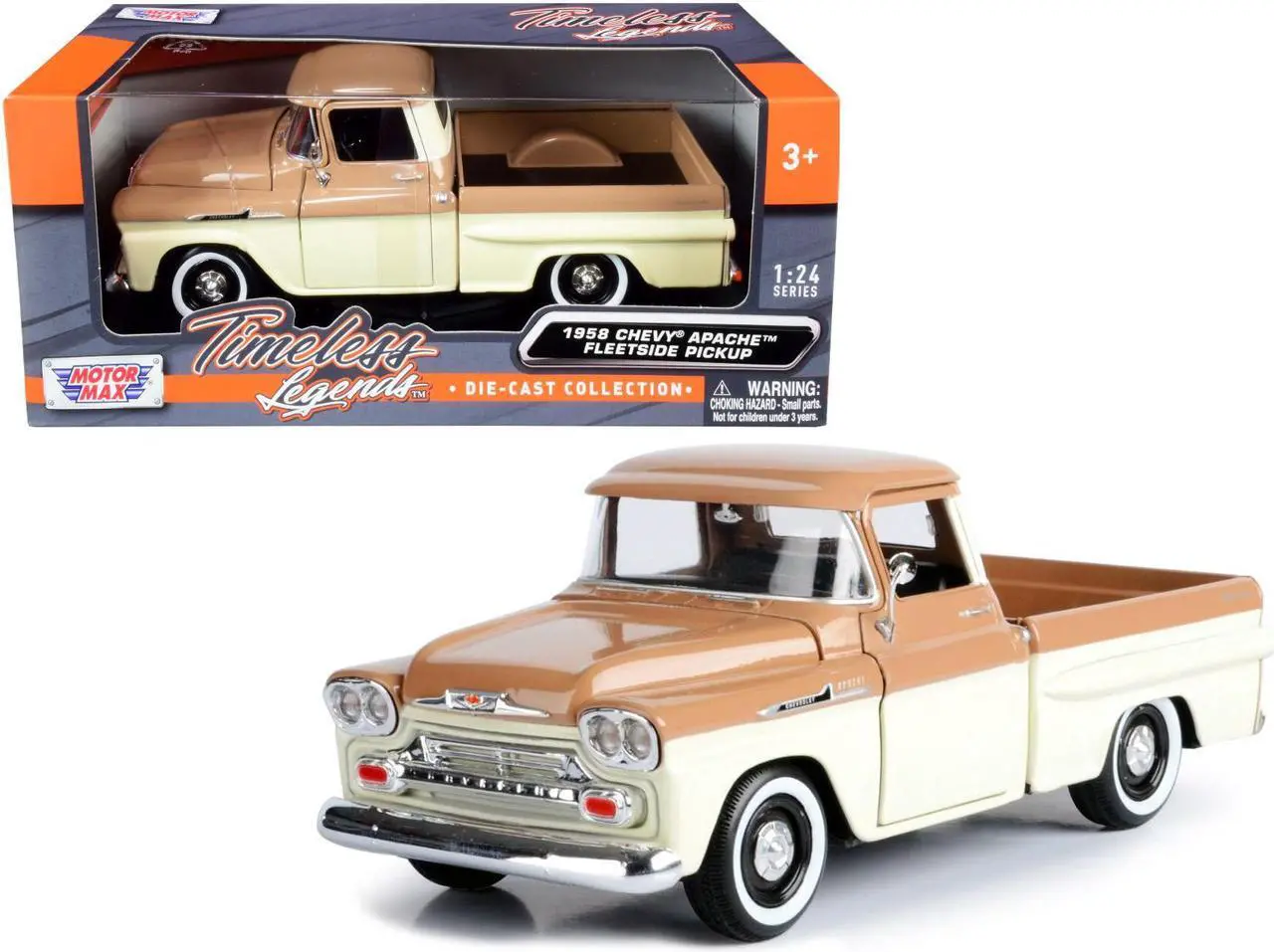 Main image of 1958 Chevrolet Apache Fleetside Pickup Truck Brown and Beige 1/24 Diecast Model Car by Motormax