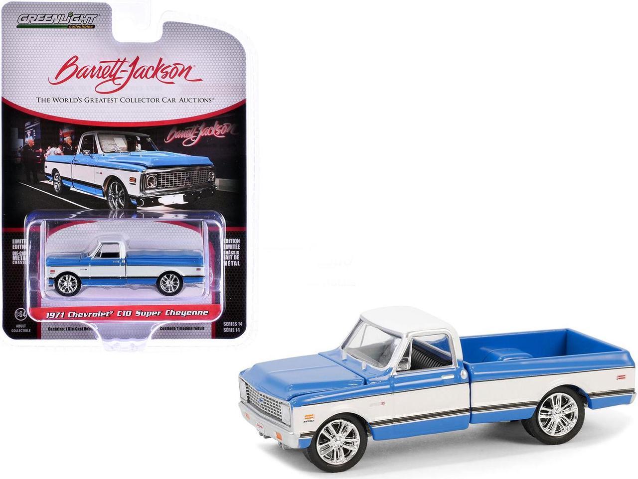 Main image of 1971 Chevrolet C10 Super Cheyenne Custom Pickup Truck Blue and White Barrett Jackson 1/64 Diecast Model Car by Greenlight