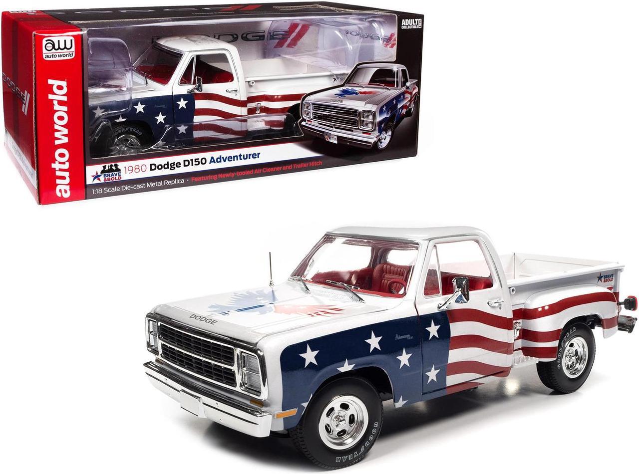 Main image of 1980 Dodge D150 Adventurer Pickup Truck White with American Flag Graphics and Red Interior 1/18 Diecast Model Car by Auto World