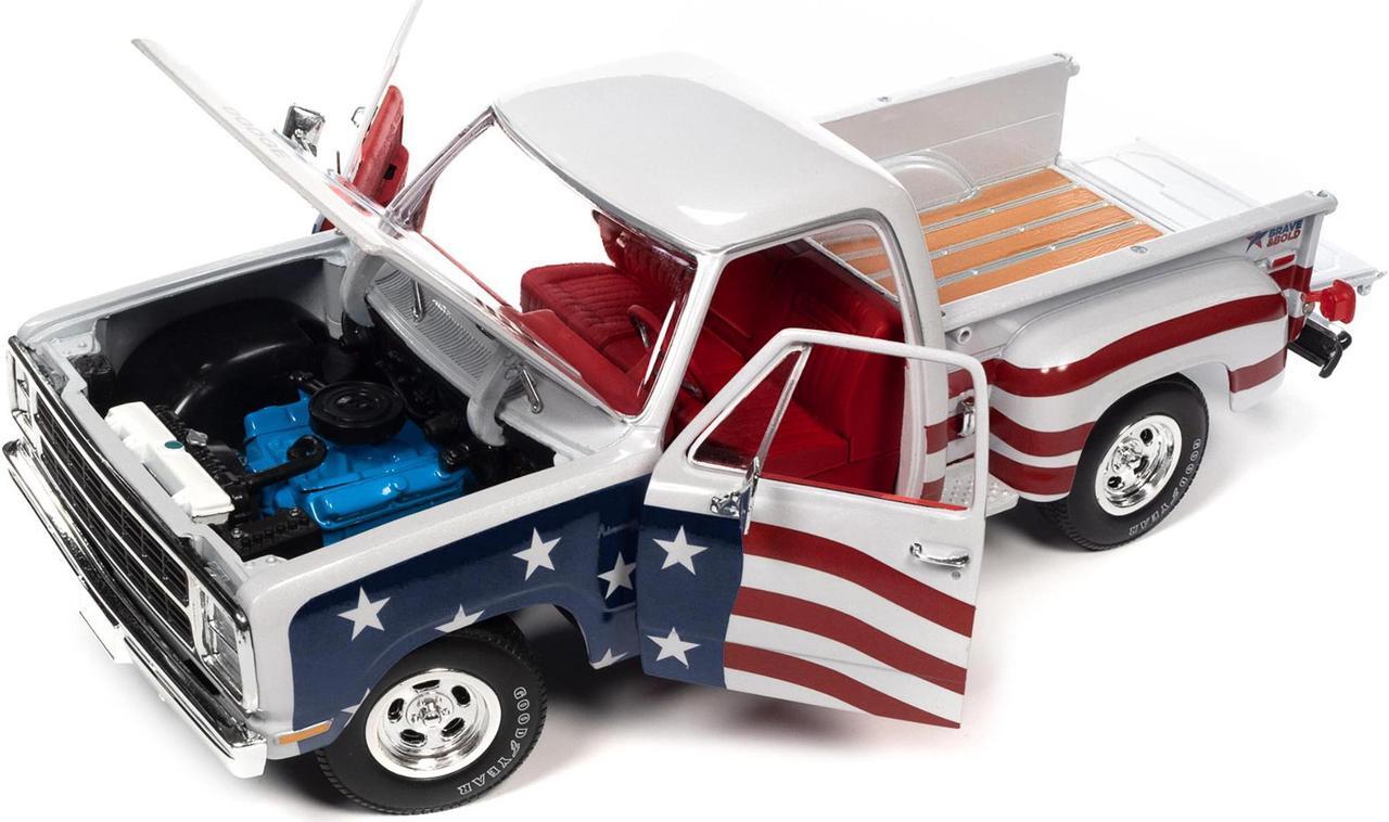 Alt view image 2 of 6 - 1980 Dodge D150 Adventurer Pickup Truck White with American Flag Graphics and Red Interior 1/18 Diecast Model Car by Auto World