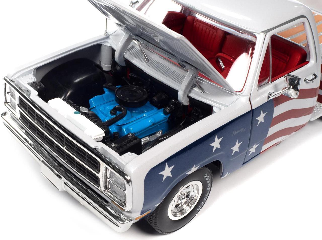 Alt view image 3 of 6 - 1980 Dodge D150 Adventurer Pickup Truck White with American Flag Graphics and Red Interior 1/18 Diecast Model Car by Auto World