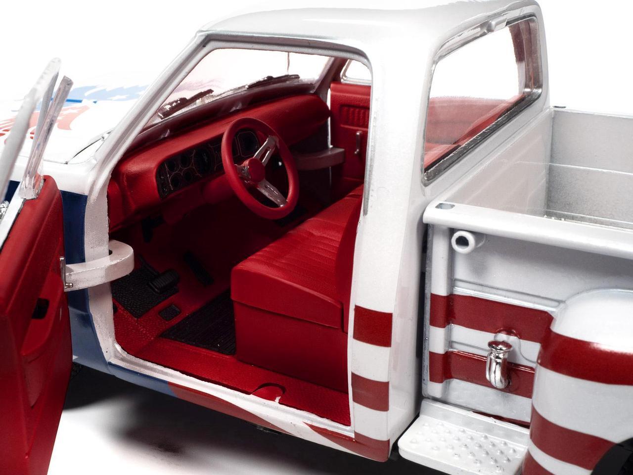 Alt view image 4 of 6 - 1980 Dodge D150 Adventurer Pickup Truck White with American Flag Graphics and Red Interior 1/18 Diecast Model Car by Auto World