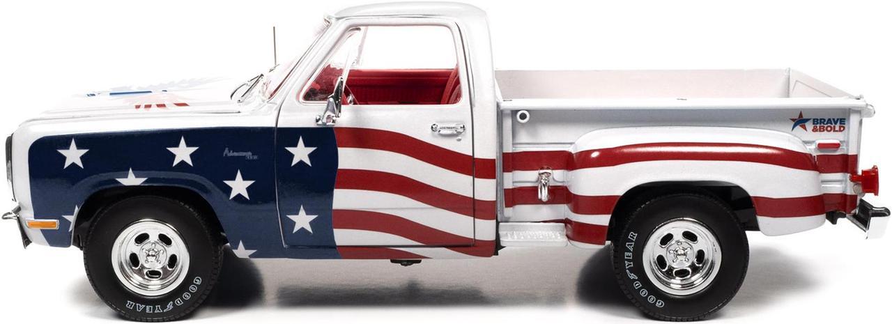 Alt view image 5 of 6 - 1980 Dodge D150 Adventurer Pickup Truck White with American Flag Graphics and Red Interior 1/18 Diecast Model Car by Auto World