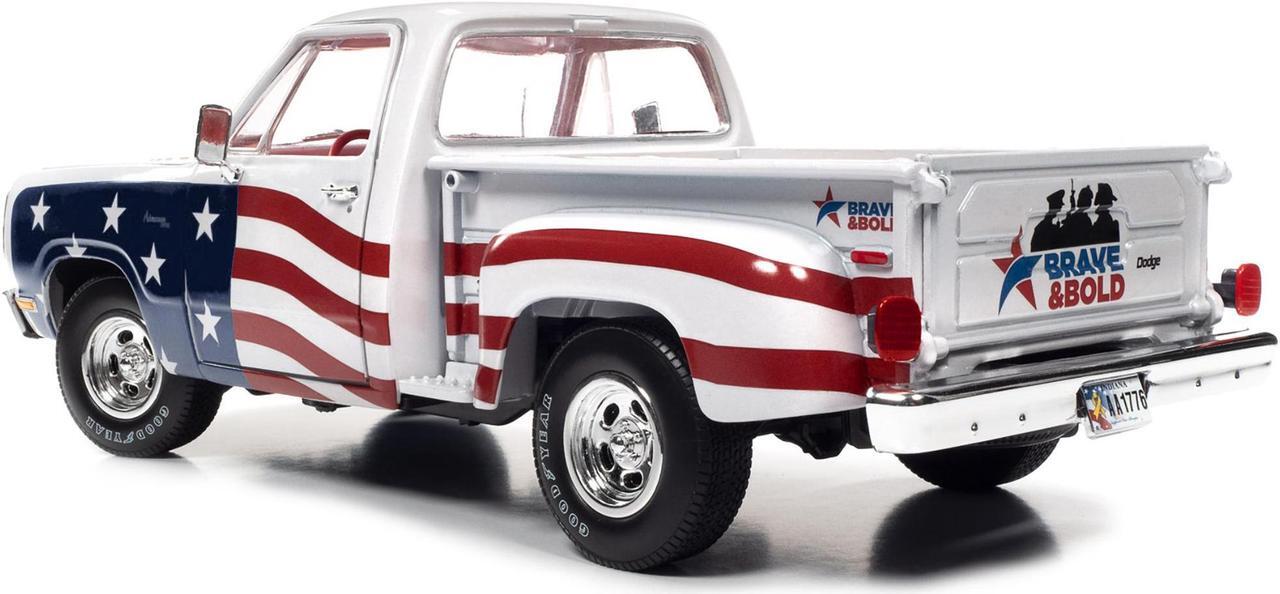 Alt view image 6 of 6 - 1980 Dodge D150 Adventurer Pickup Truck White with American Flag Graphics and Red Interior 1/18 Diecast Model Car by Auto World