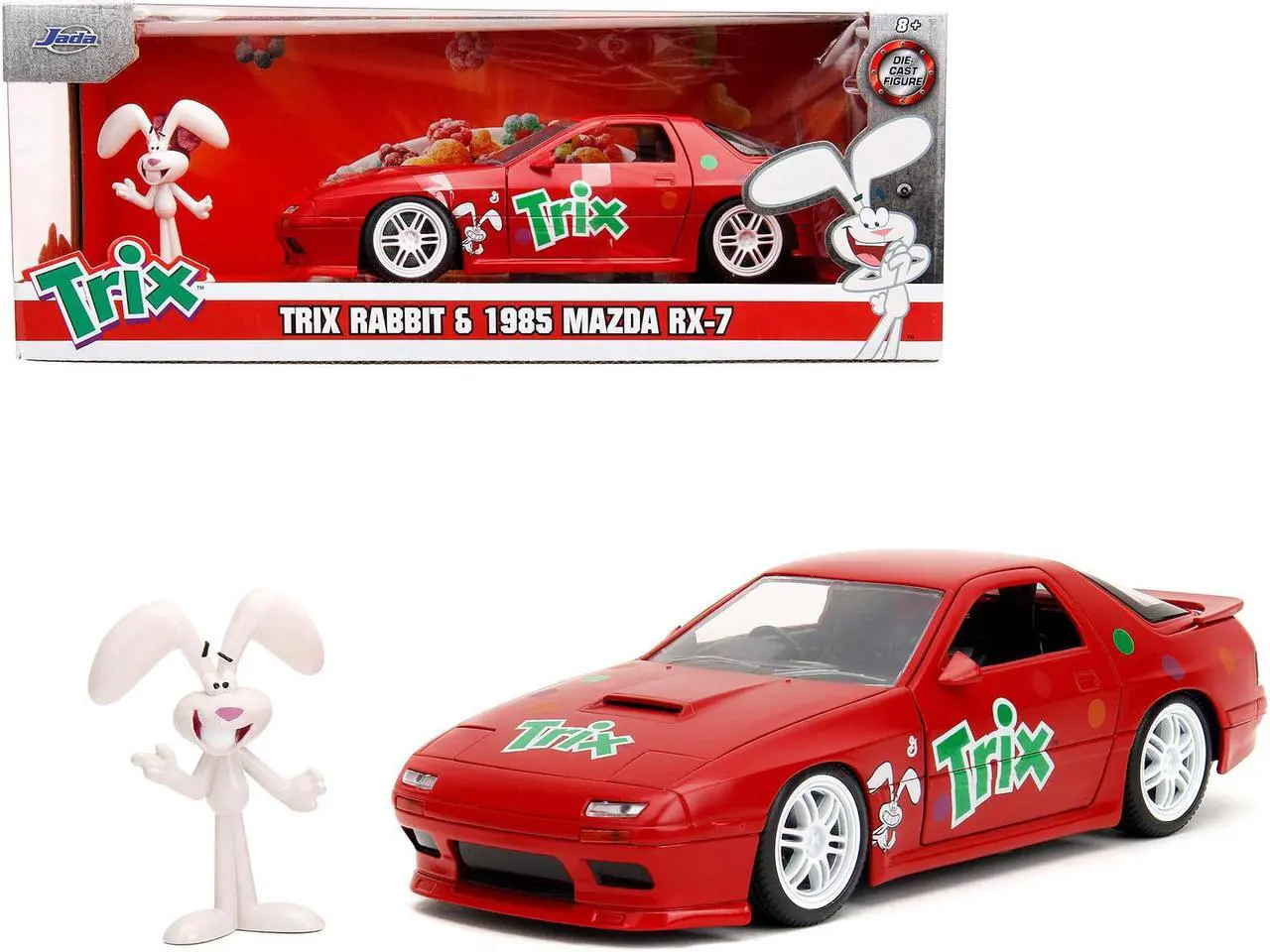 Main image of 1985 Mazda RX-7 RHD Red w/Graphics and Trix Rabbit Figure "Trix Cereal" "Hollywood Rides" Series 1/24 Diecast Model Car by Jada