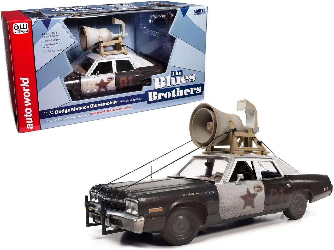 Main image of 1974 Dodge Monaco "Bluesmobile" Black & White (Dirty) w/Figures "The Blues Brothers" (1980) 1/18 Diecast Model Car by Auto World