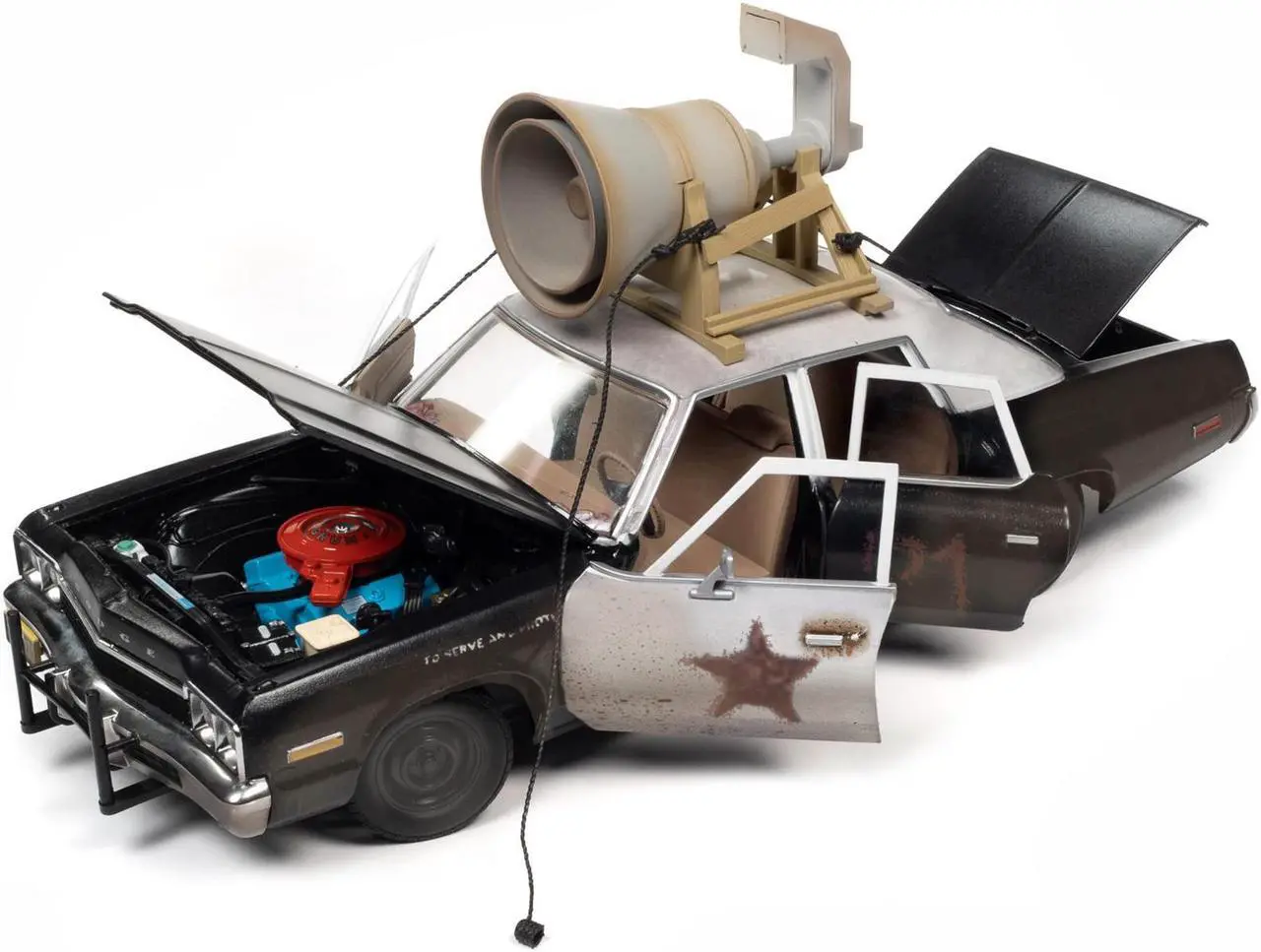 Alt view image 2 of 6 - 1974 Dodge Monaco "Bluesmobile" Black & White (Dirty) w/Figures "The Blues Brothers" (1980) 1/18 Diecast Model Car by Auto World