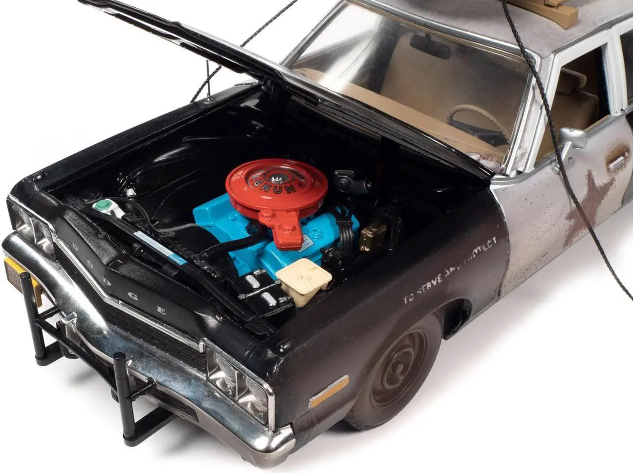 Alt view image 3 of 6 - 1974 Dodge Monaco "Bluesmobile" Black & White (Dirty) w/Figures "The Blues Brothers" (1980) 1/18 Diecast Model Car by Auto World