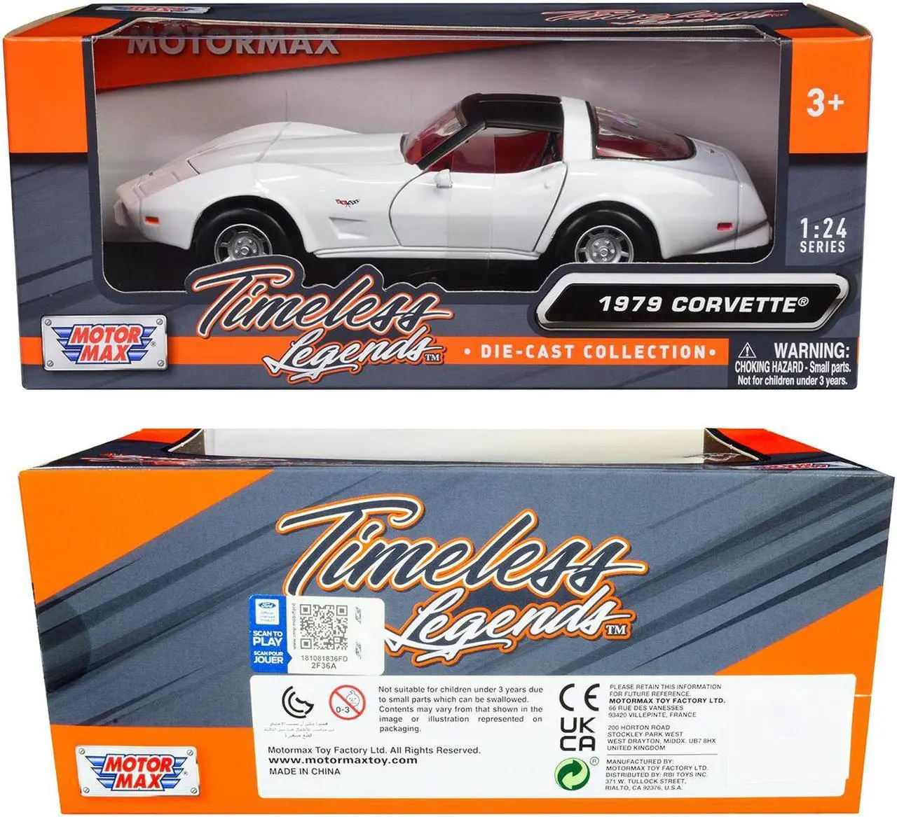 Alt view image 3 of 6 - 1979 Chevrolet Corvette C3 White with Black Top and Red Interior "Timeless Legends" Series 1/24 Diecast Car Model by Motormax