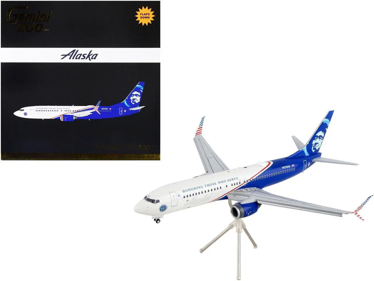 Main image of Boeing 737-800 Commercial Aircraft with Flaps Down "Alaska Airlines" White and Blue 1/200 Diecast Model Airplane by GeminiJets