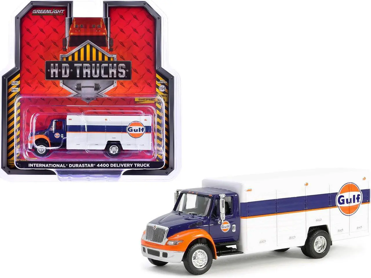Main image of International Durastar 4400 Delivery Truck "Gulf Oil" Dark Blue and White "H.D. Trucks" 1/64 Diecast Model Car by Greenlight