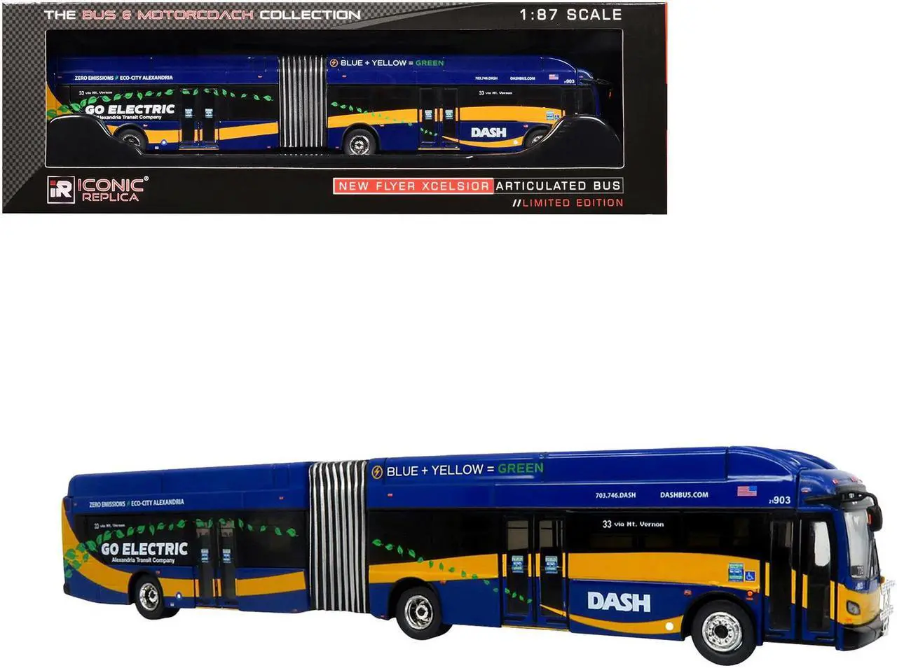 Main image of New Flyer Xcelsior XN60 Articulated Bus Blue Yellow Stripes Limited Edition 1/87 (HO) Diecast Model by Iconic Replicas
