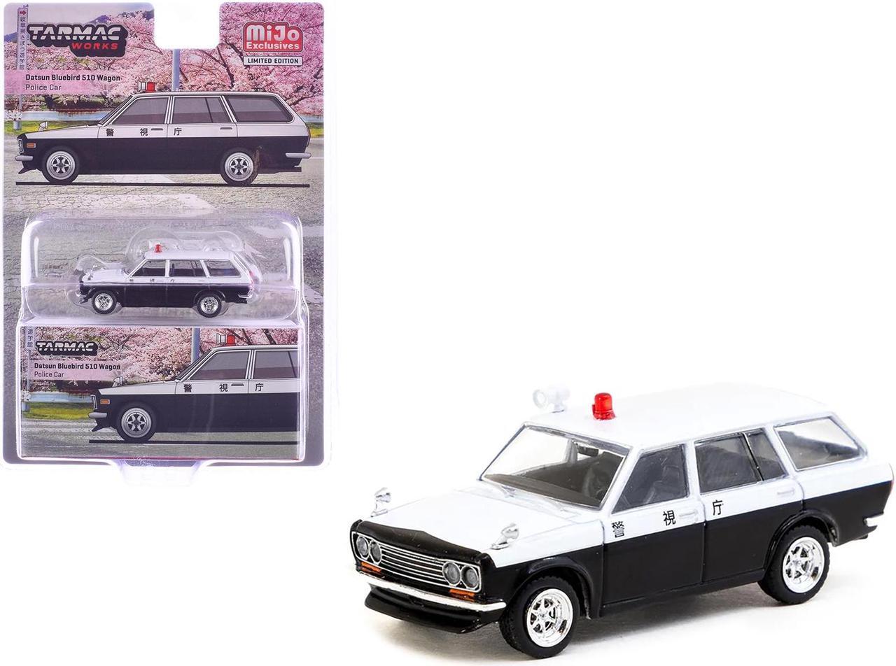Main image of Datsun Bluebird 510 Wagon "Japan Police Car" Black and White "Global64" Series 1/64 Diecast Model by Tarmac Works