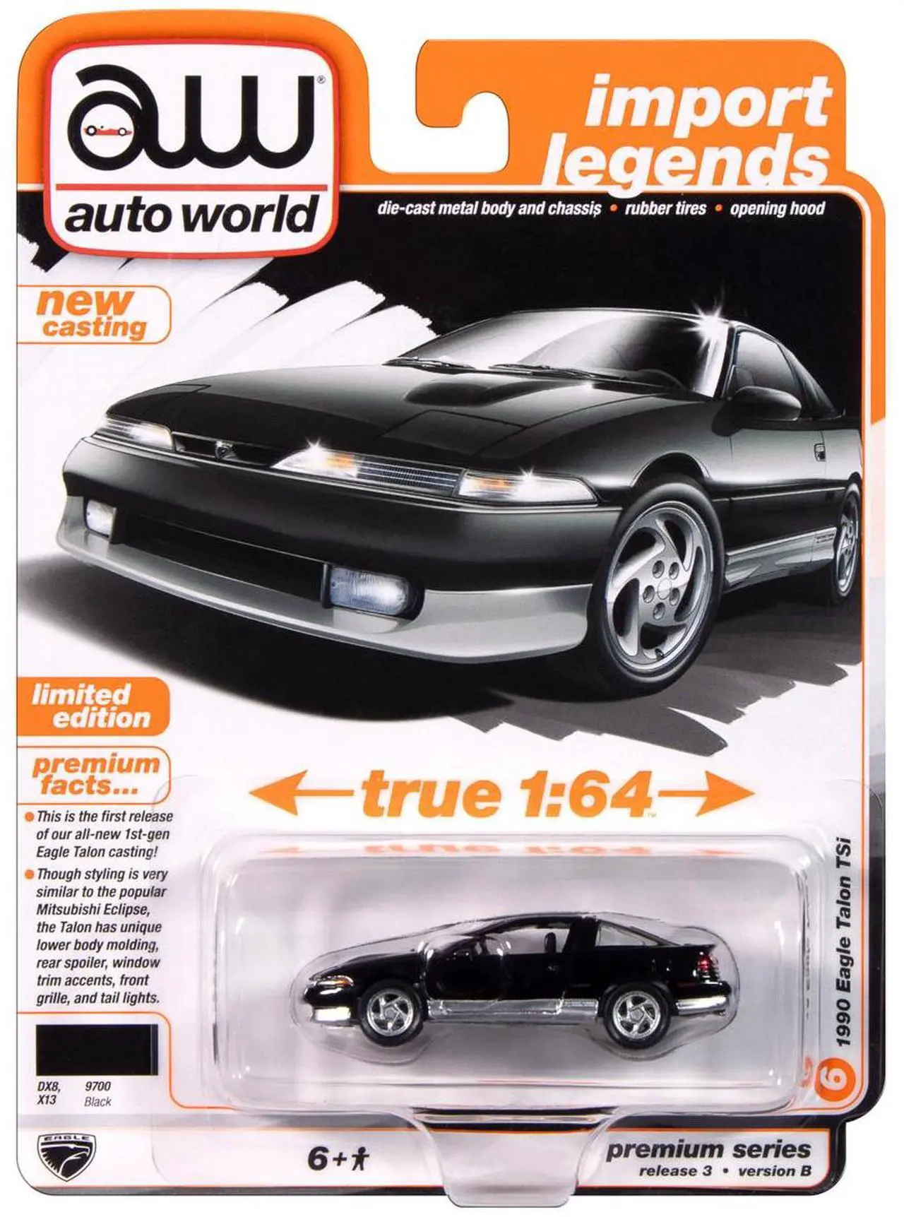 Alt view image 5 of 6 - 1990 Eagle Talon TSi Black with Sun Roof "Import Legends" Series 1/64 Diecast Model Car by Auto World