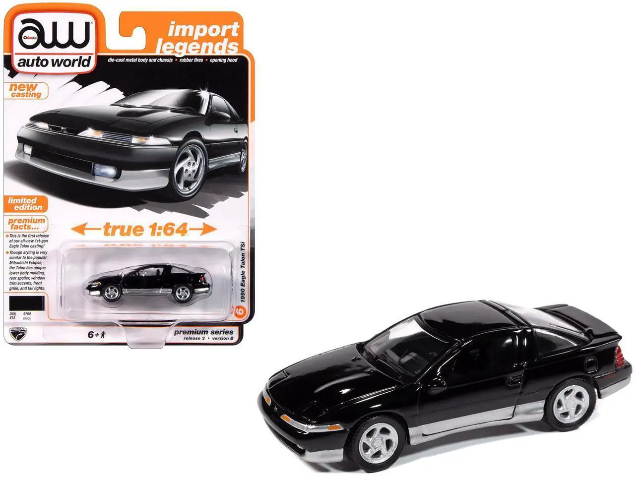 Alt view image 6 of 6 - 1990 Eagle Talon TSi Black with Sun Roof "Import Legends" Series 1/64 Diecast Model Car by Auto World