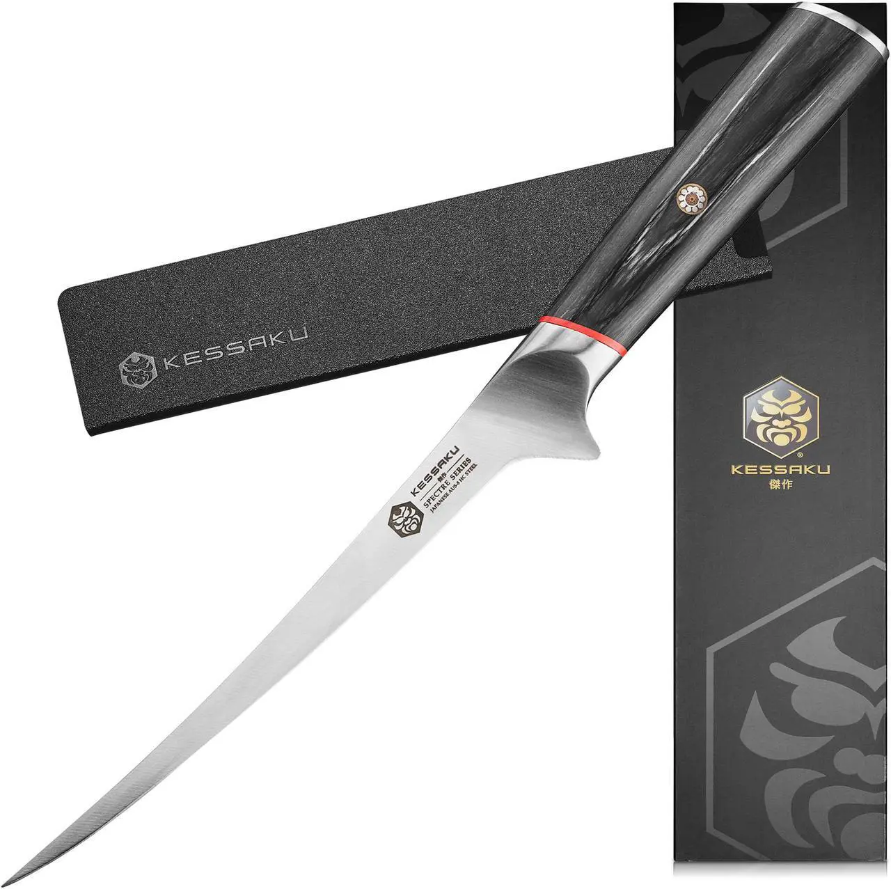 Main image of Kessaku Fillet Knife - 7 inch - Spectre Series - Flexible - Razor Sharp - Forged Japanese AUS-8 High Carbon Stainless Steel - Boning, Trimming, Skinning - Spanish Pakkawood Handle with Blade Guard