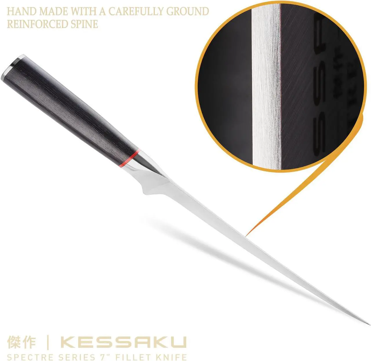 Alt view image 4 of 7 - Kessaku Fillet Knife - 7 inch - Spectre Series - Flexible - Razor Sharp - Forged Japanese AUS-8 High Carbon Stainless Steel - Boning, Trimming, Skinning - Spanish Pakkawood Handle with Blade Guard