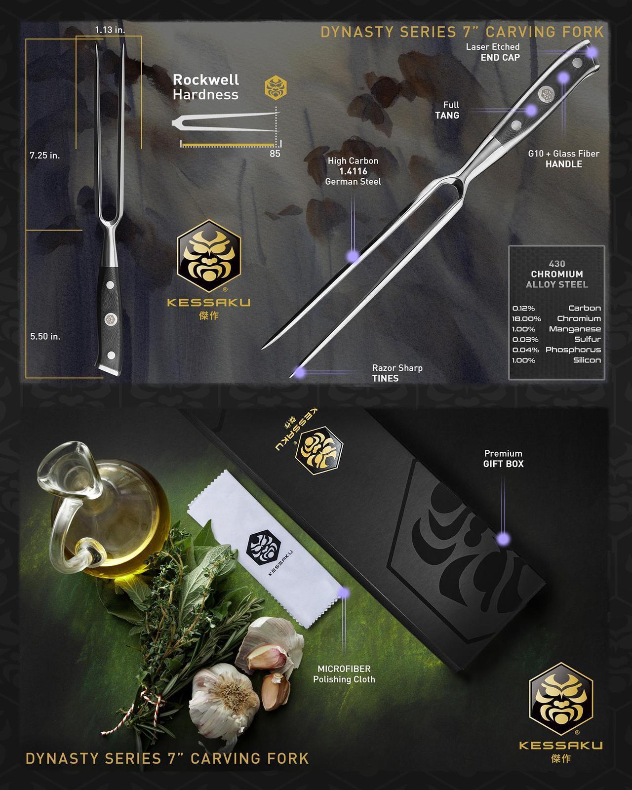 Alt view image 7 of 7 - Kessaku Meat Fork - 7 inch - Dynasty Series - Dual-Prong Carving & BBQ Fork - Forged High Carbon Stainless Steel - G10 Garolite Handle