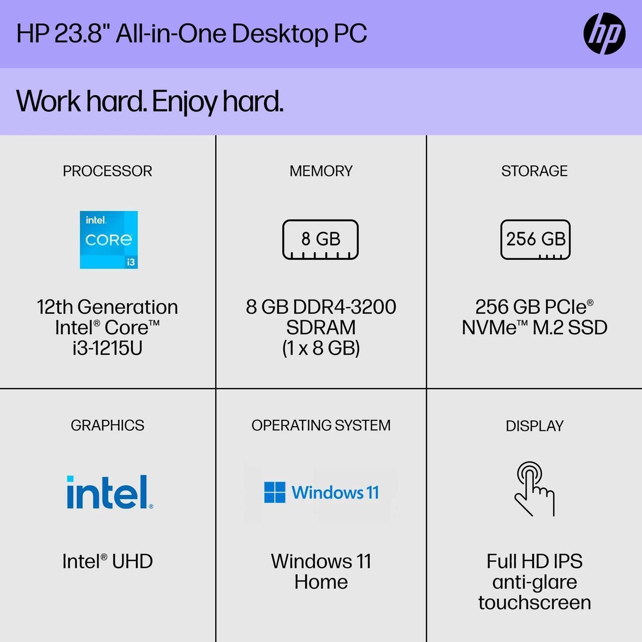 Alt view image 4 of 7 - HP 24-cb1023w 23.8" FHD Touch All-in-One PC Intel i3-1215U 8GB 256GB W11H