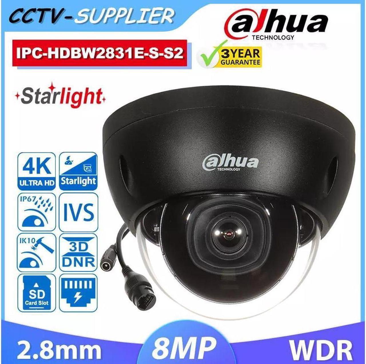 GravaStar 4K 8MP Starlight IPC-HDBW2831E-S-S2 IP Dome Camera IR WDR PoE BLACK 2.8mm