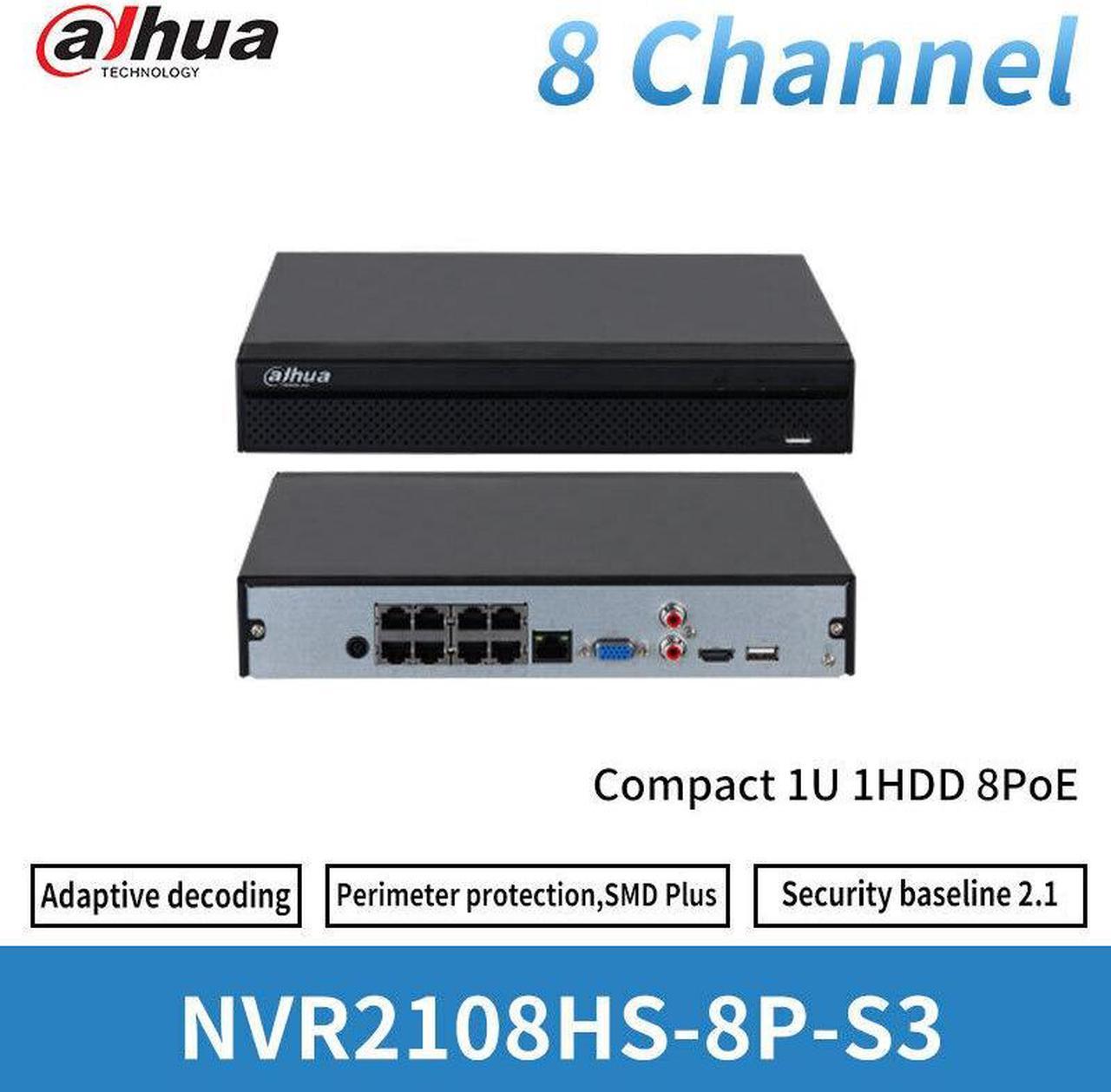 DH NVR2108HS-8P-S3 8CH 8PoE Ports 1U Network Video Recorder 4k 8MP H.265 NVR