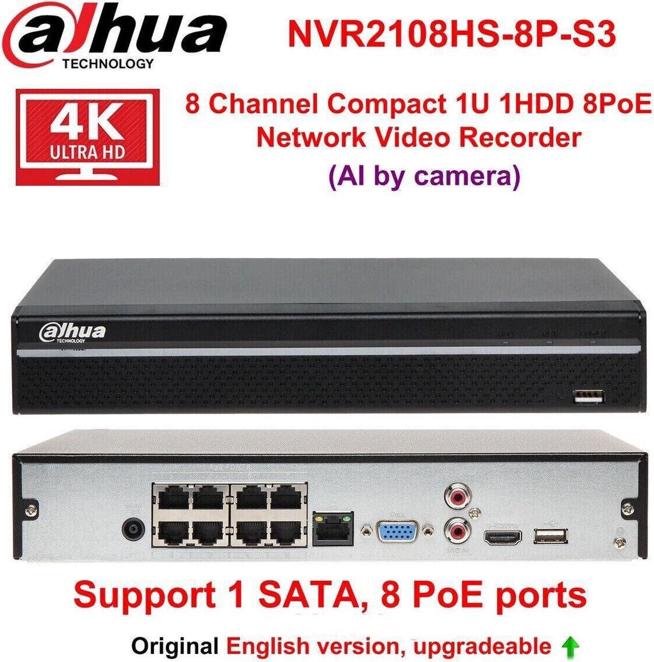 DH NVR2108HS-8P-S3 8CH 8PoE Ports 1U Network Video Recorder 4k 8MP H.265 NVR