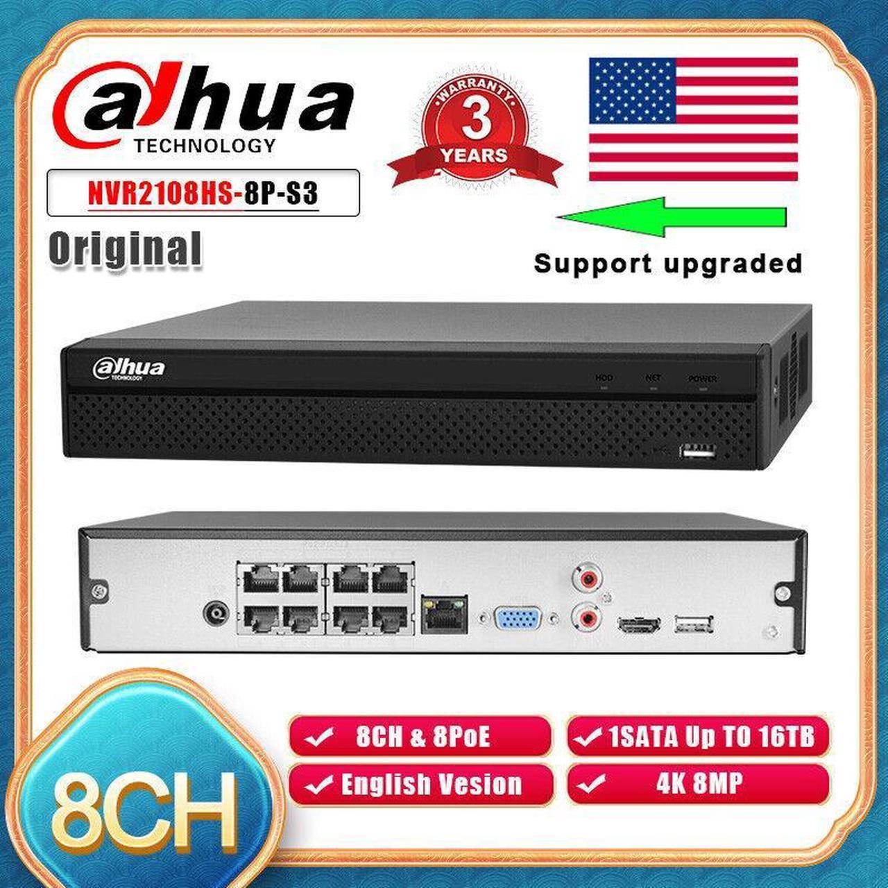 DH 8CH 8PoE 1SATA 4K 8MP Lite Network Video Recorder NVR2108HS-8P-S3 H.265