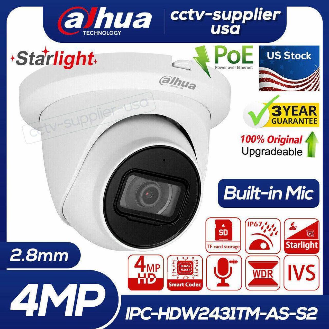 DH Starlight 4MP Built-in Mic IVS IR WDR IPC-HDW2431TM-AS-S2 POE IP Camera 2.8/3.6mm Black 2.8mm Lens