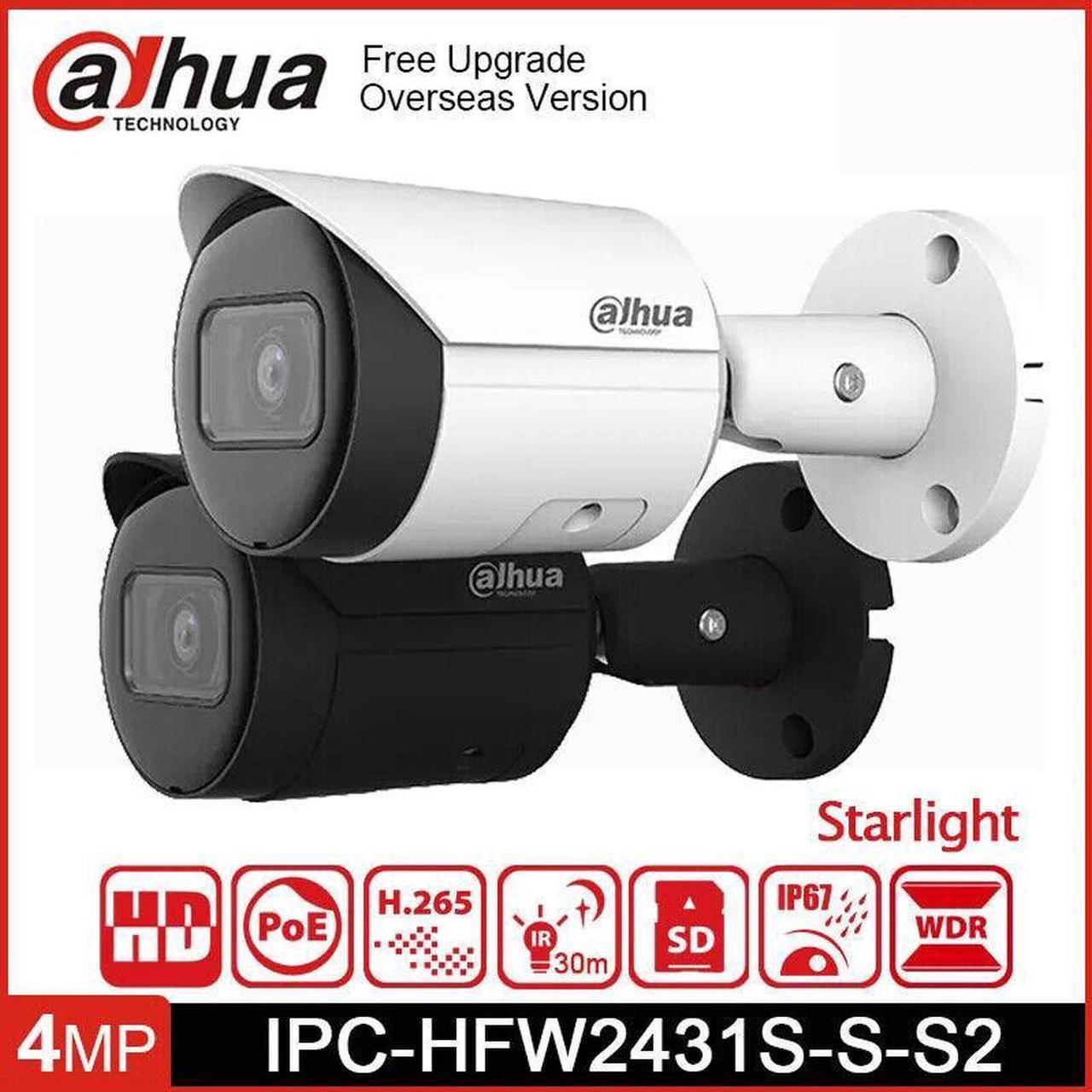 DH IPC-HFW2431S-S-S2 4MP POE Starlight IR30M IP67 WDR IVS IP Security Camera Black 3.6mm Lens