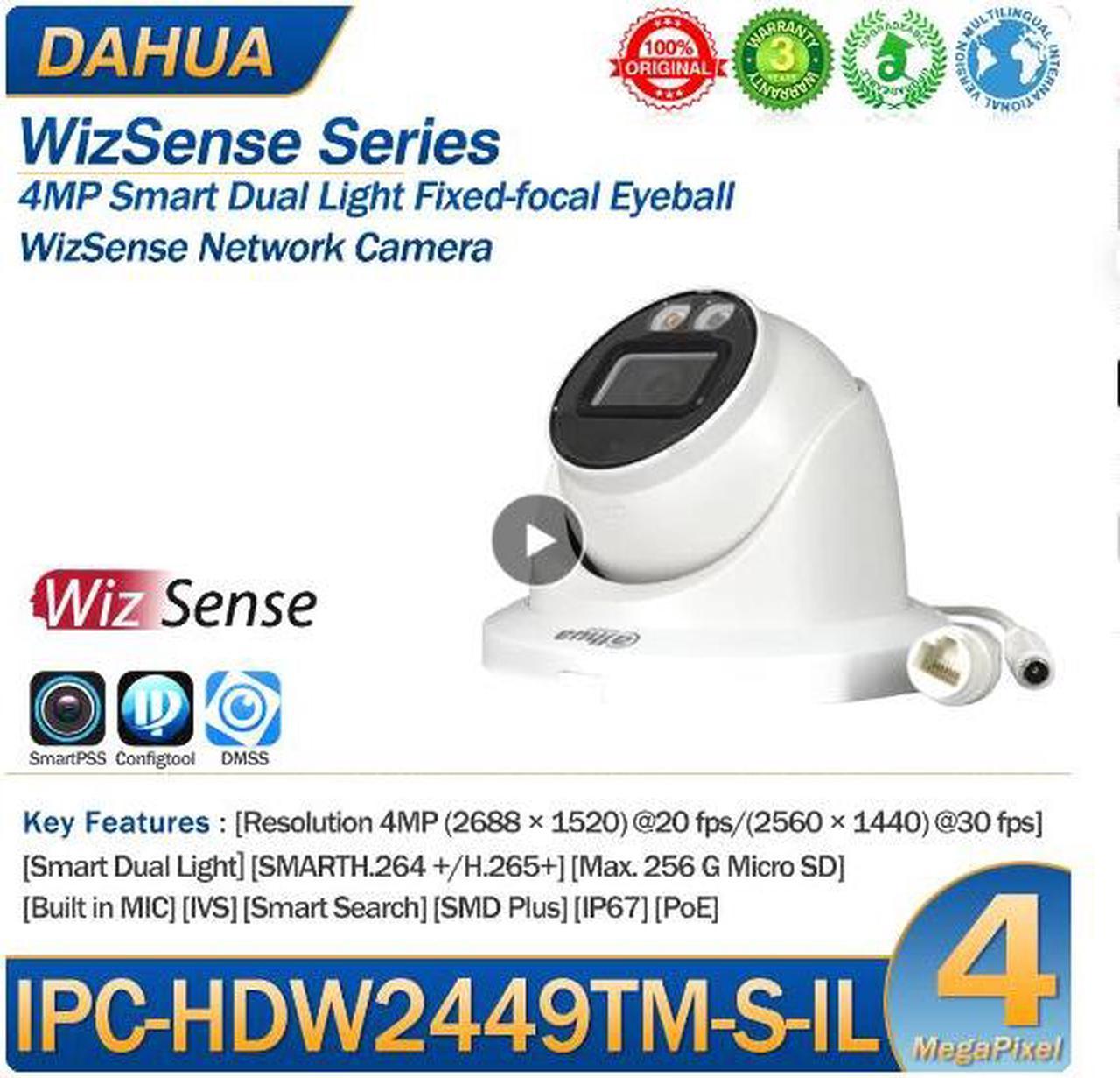 DH IPC-HDW2449TM-S-IL 4MP Smart Dual Light Eyeball WizSense Network IP Camera Full Color SMD IP67 POE White 3.6mm Lens