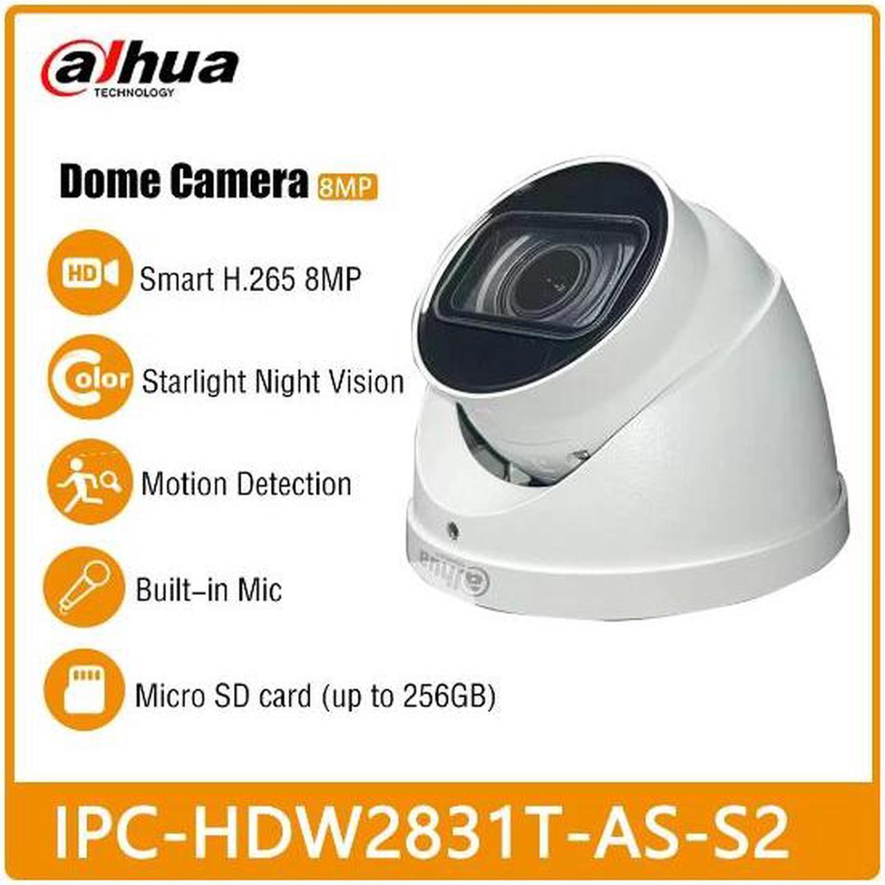 DH Original IPC-HDW2831T-AS-S2 International Version 8MP IR 30M Built-in MicLite IR Fixed-focal Eyeball Network Camera BLACK Black 3.6mm Lens