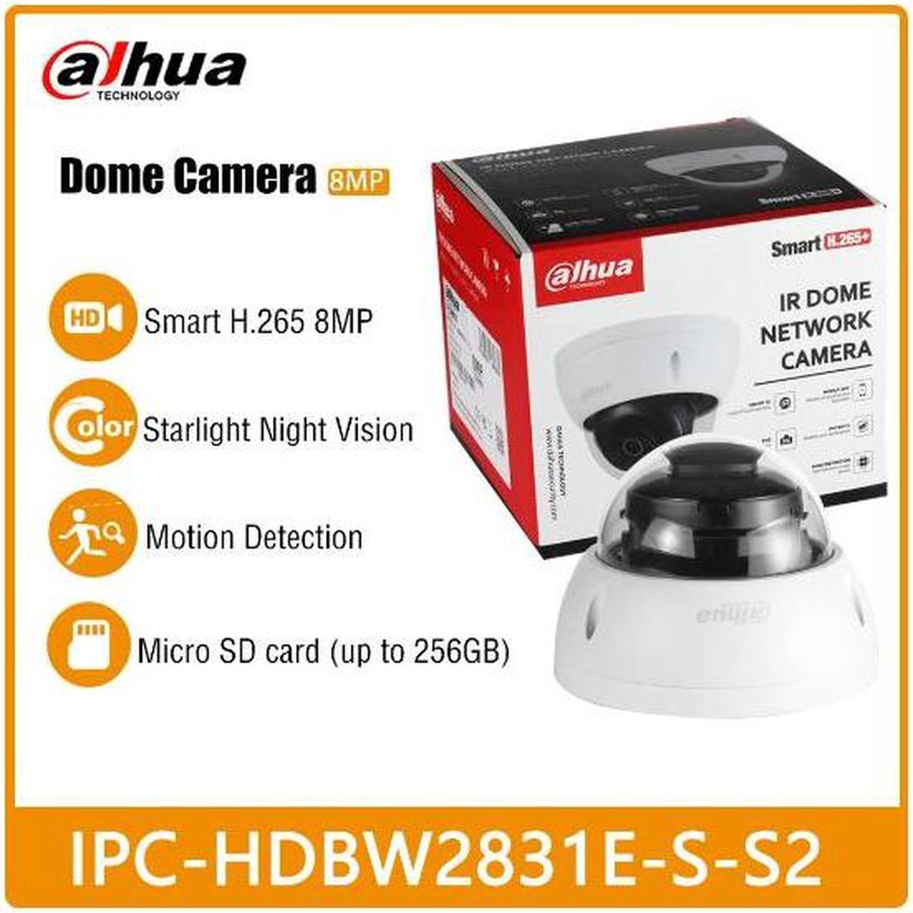 DH 8MP Starlight Dome IP Camera IPC-HDBW2831E-S-S2 SD Card Slot IVS WDR POE IP67 CCTV Security Surveillance Network Camera Black 2.8mm Lens