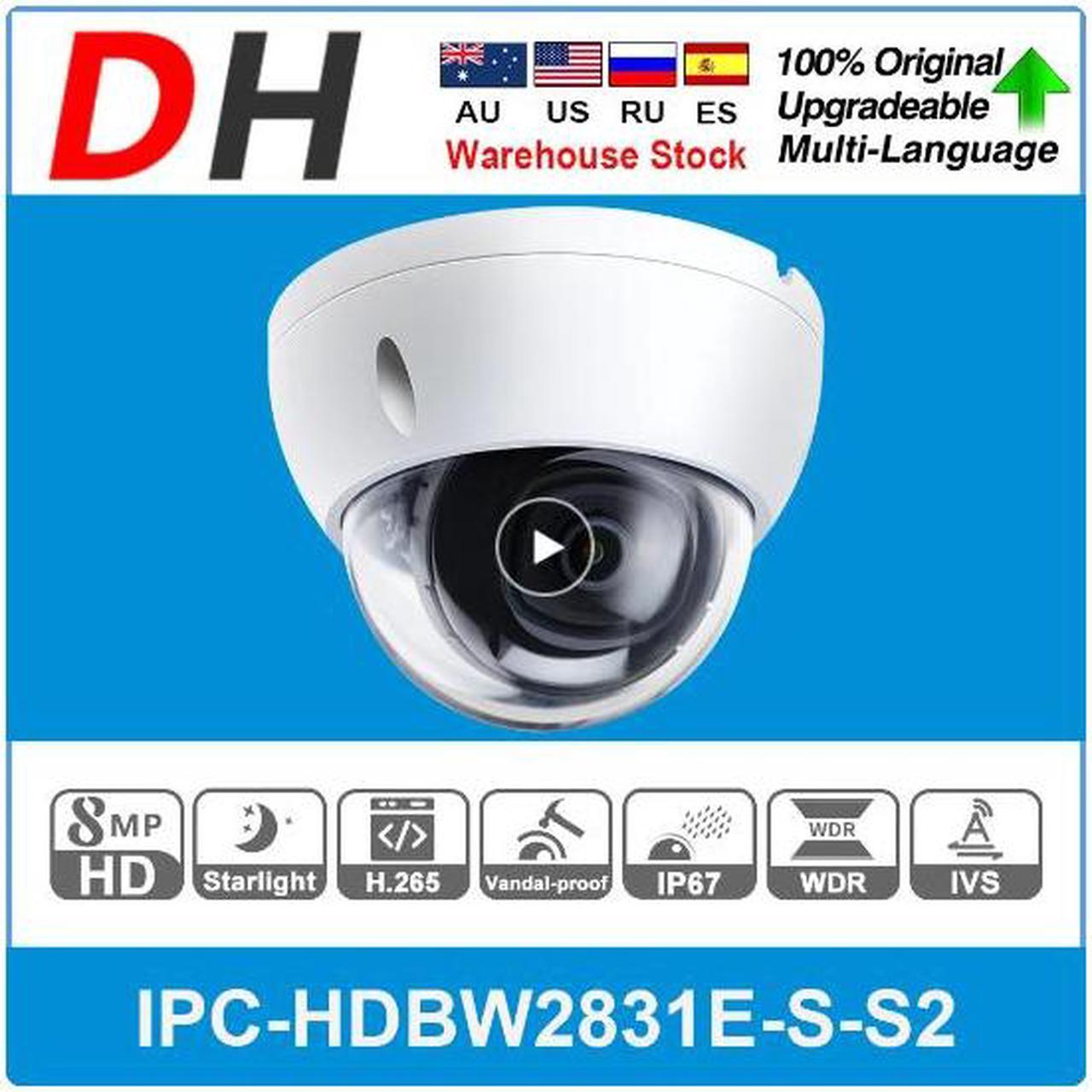 DH IPC-HDBW2831E-S-S2 8MP Lite IR Fixed-focal Dome Network Camera IR 30m SD Card Slot Starlight IP67 4K CCTV Security IPC Black 2.8mm Lens