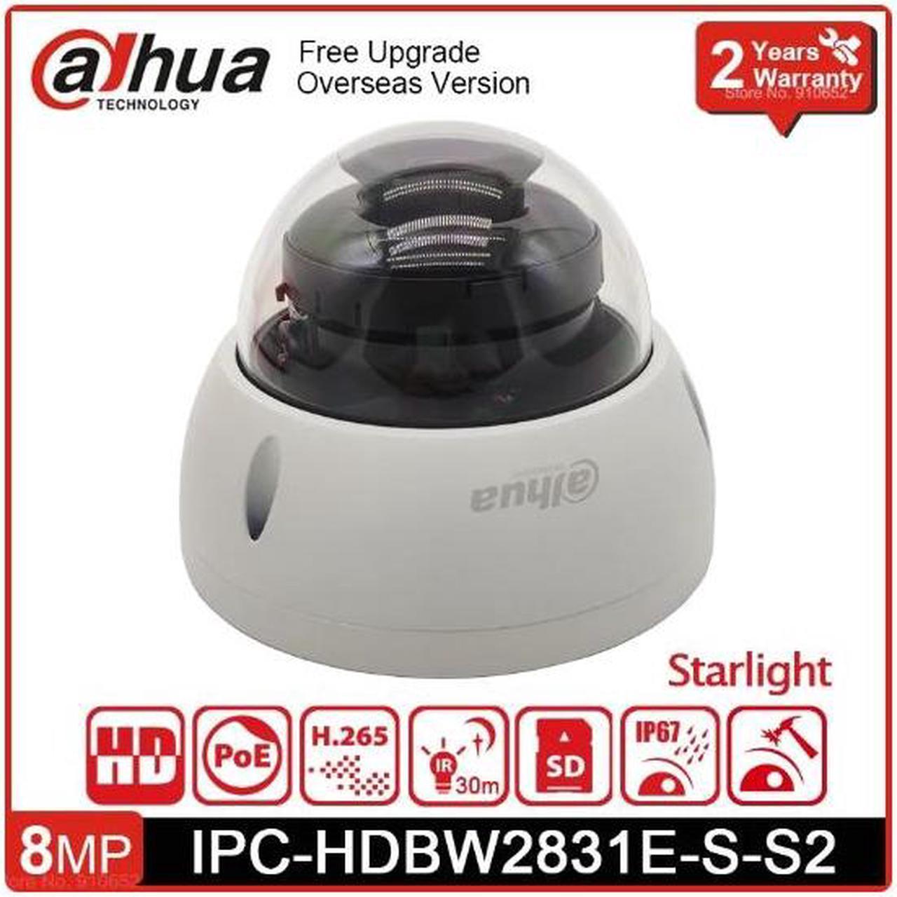 DH IP Camera IPC-HDBW2831E-S-S2 8MP 4K Starlight POE IR APP CCTV Security Protection Dome Surveillance Video IPC For Home White 3.6mm Lens