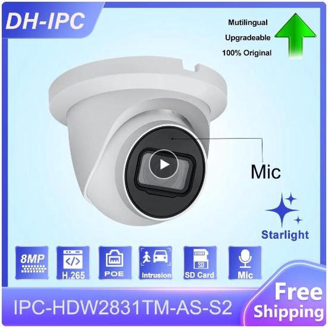 DH Original IPC-HDW2831TM-AS-S2 8MP Lite IR Fixed-focal Eyeball Network Camera Built-in MIC Can Upgradable IP67 Metal Case Black 2.8mm Lens