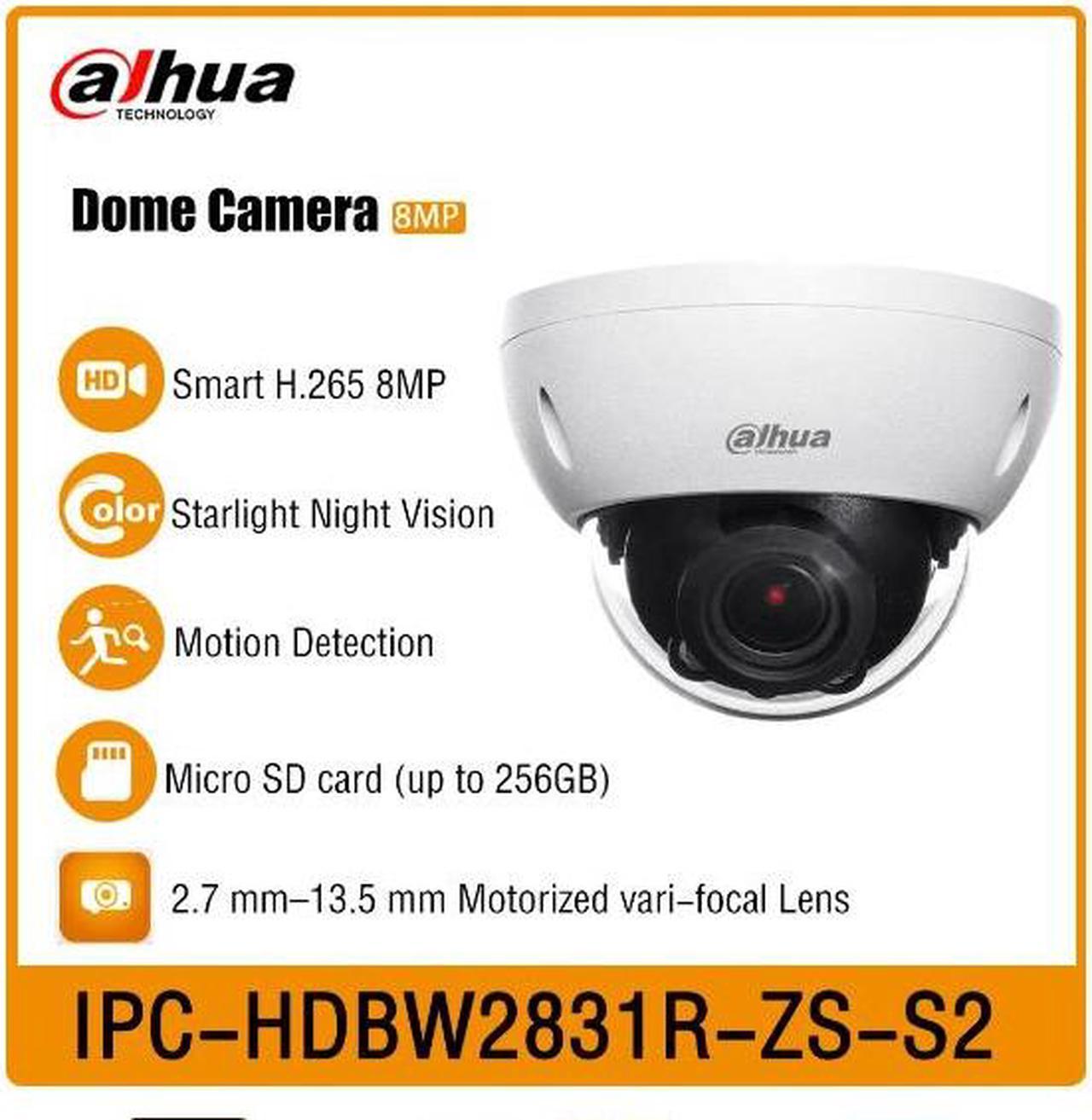 DH 8MP POE IP Camera IPC-HDBW2831R-ZS-S2 IR 40m H.265 Motorized Vari-focal Lens IP67 IK10 Dome Network Camera Starlight Black