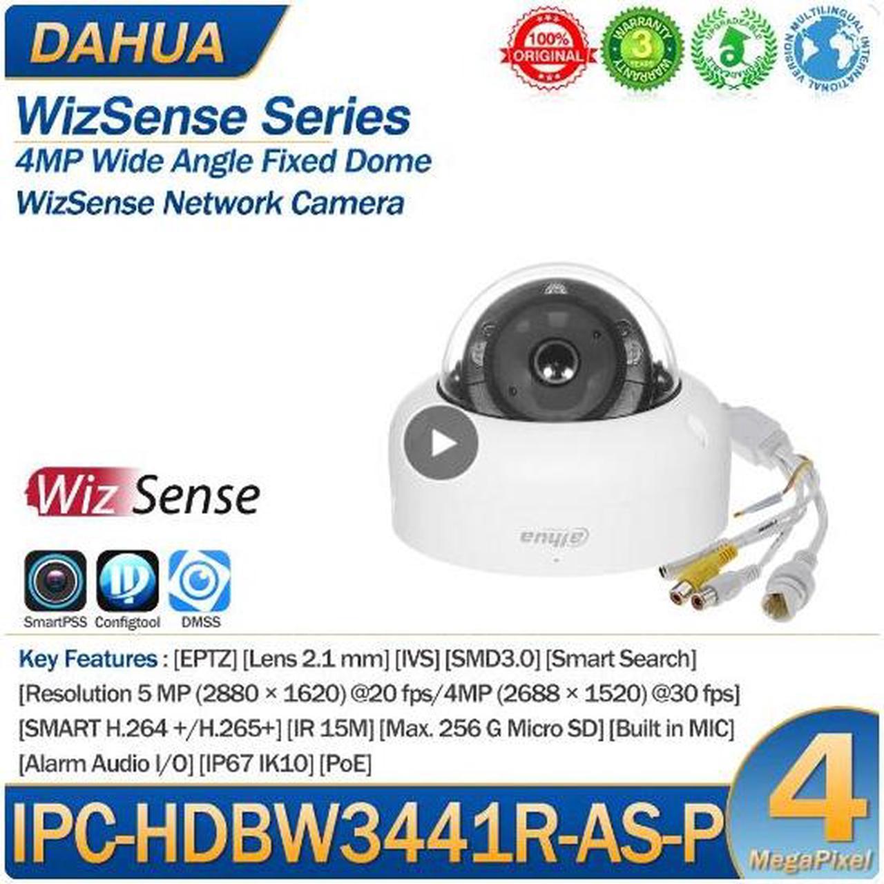 DH IPC-HDBW3441R-AS-P 4MP Dome IP Camera POE IR15m Bulit-in Mic Wide Angle EPTZ 180° SMD3.0 IK10 WizSense Surveillance camera