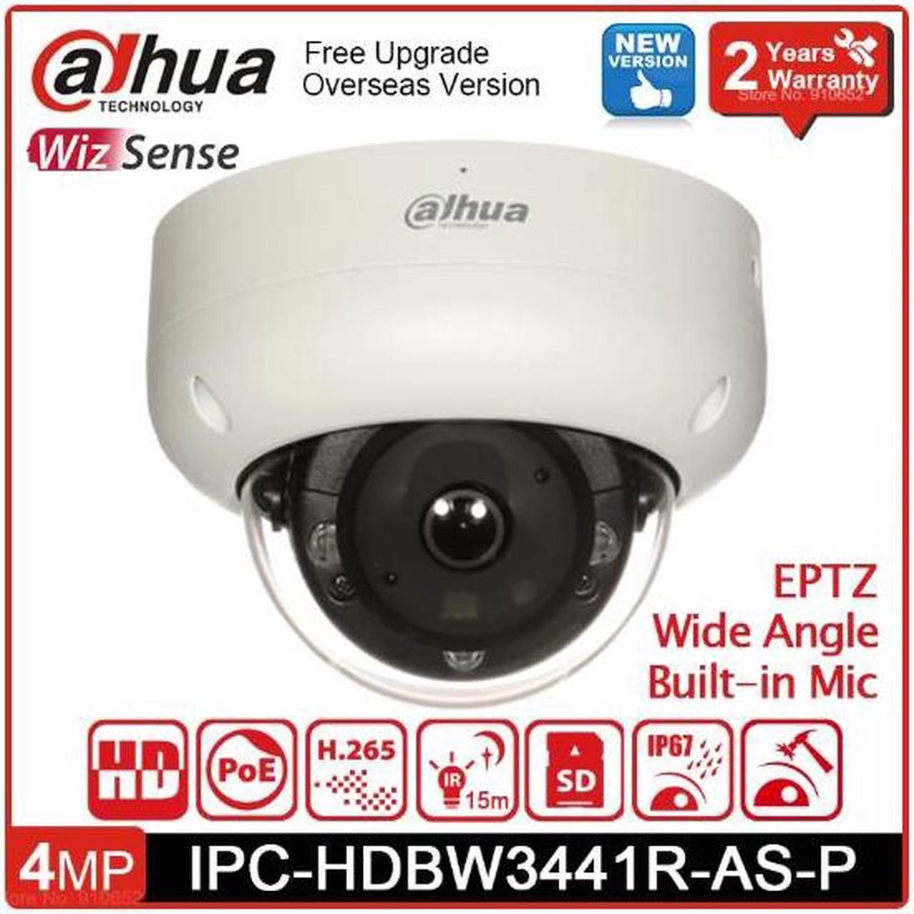 DH 4MP Dome IP Camera POE IR15m Bulit-in Mic Wide Angle EPTZ 180° SMD3.0 IK10 WizSense Surveillance camera IPC-HDBW3441R-AS-P