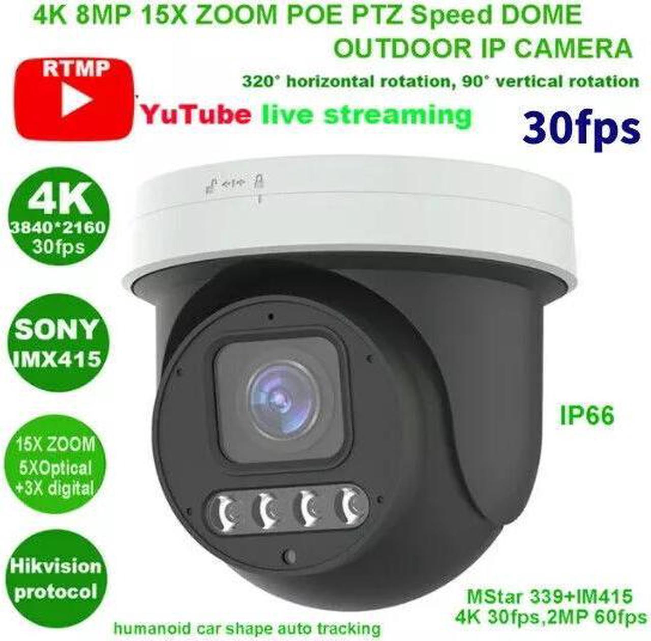 4K 8MP 30fps 15X Zoom PoE Security Camera PTZ Auto Tracking 2-Way Audio Dual Lights