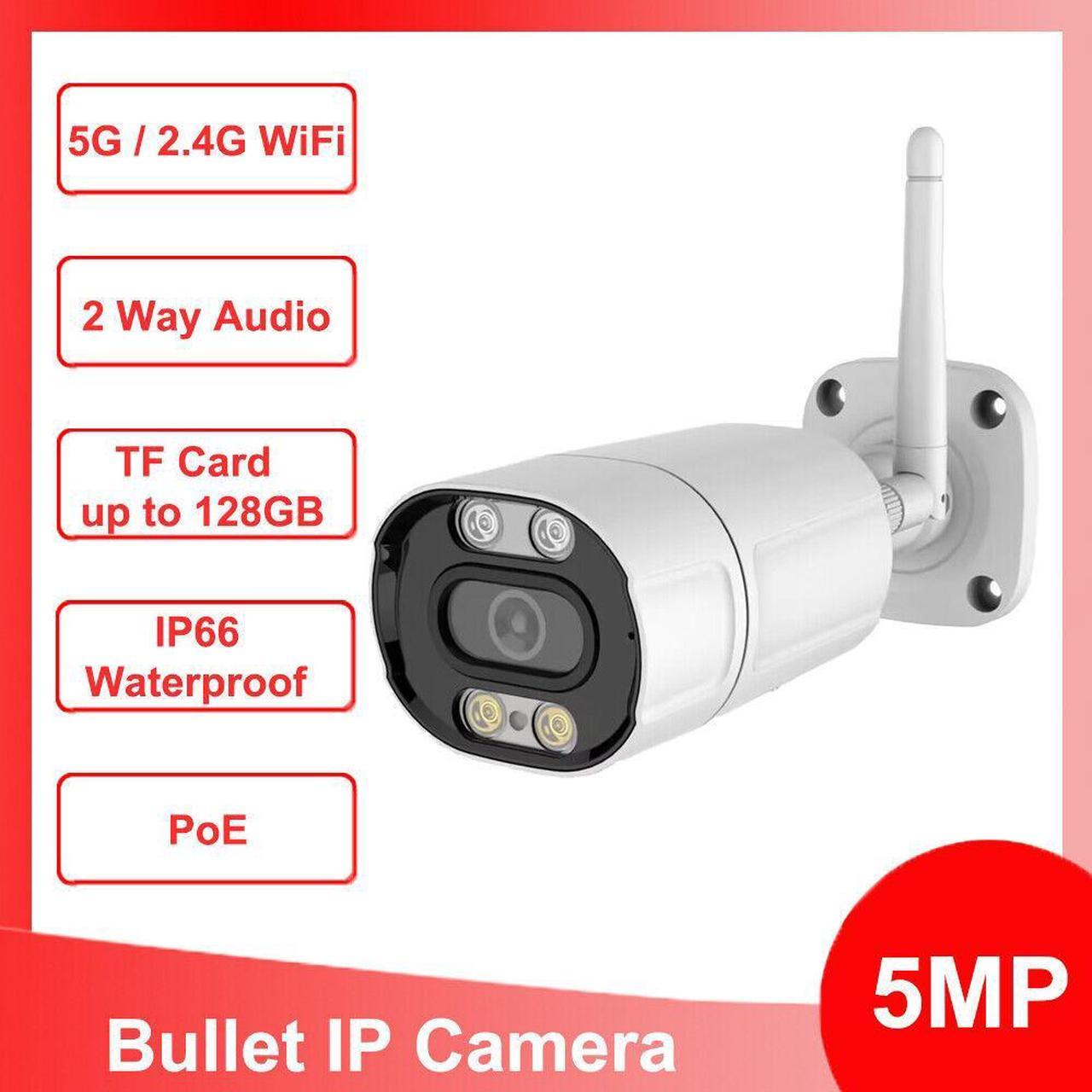 5MP Wifi POE IP Bullet Camera Dual Lights H.265 In Mic Speaker IP66 w/Card Slot