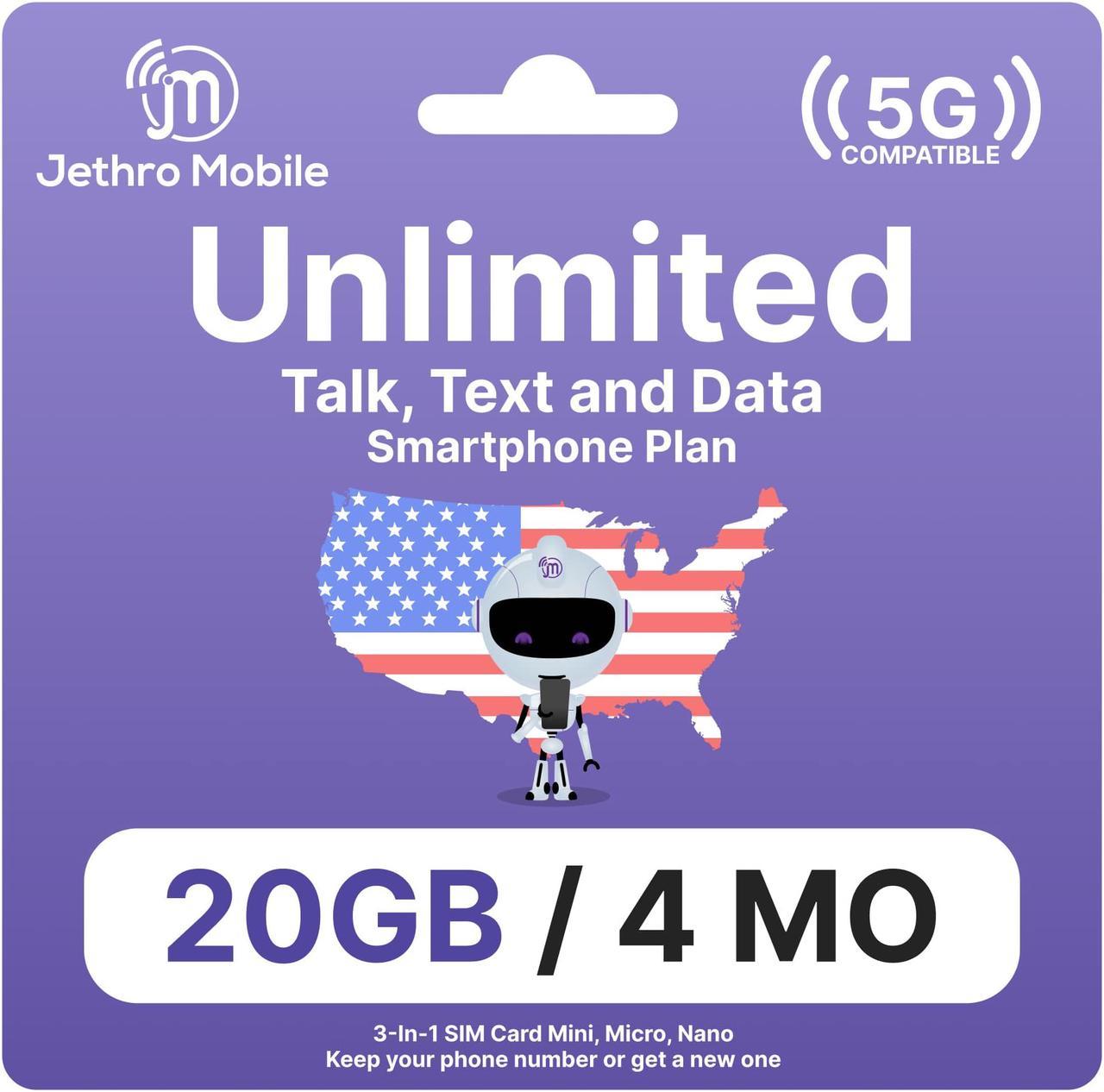 Jethro Mobile USA Prepaid Sim Card [4 Months] with Unlimited Talk & Text, 20GB High-Speed Data  - Nano Micro Standard 3 in 1