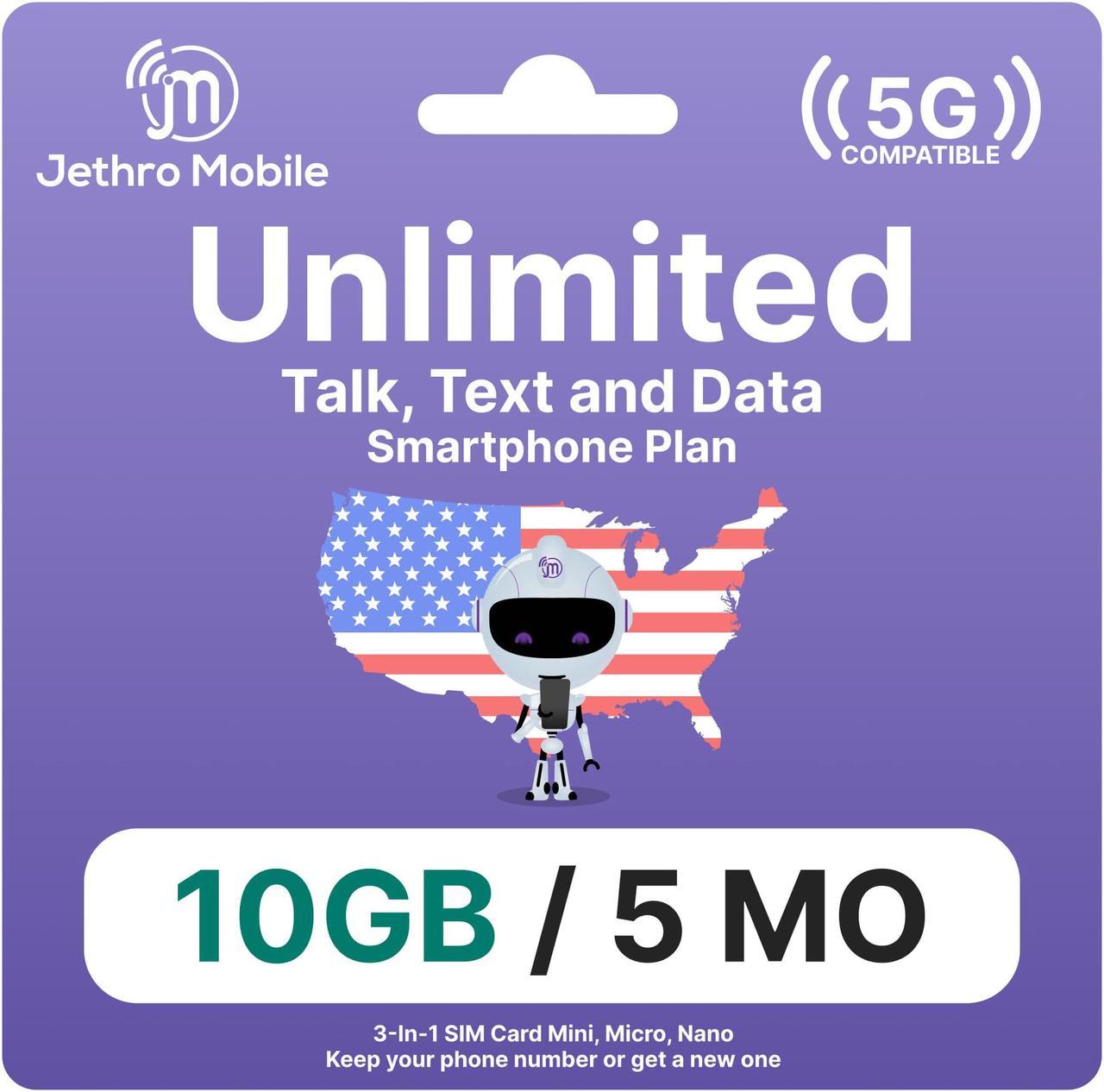 Jethro Mobile [5 Months] USA Prepaid Sim Card with Unlimited Talk & Text, 10GB High-Speed Data - Nano Micro Standard 3 in 1