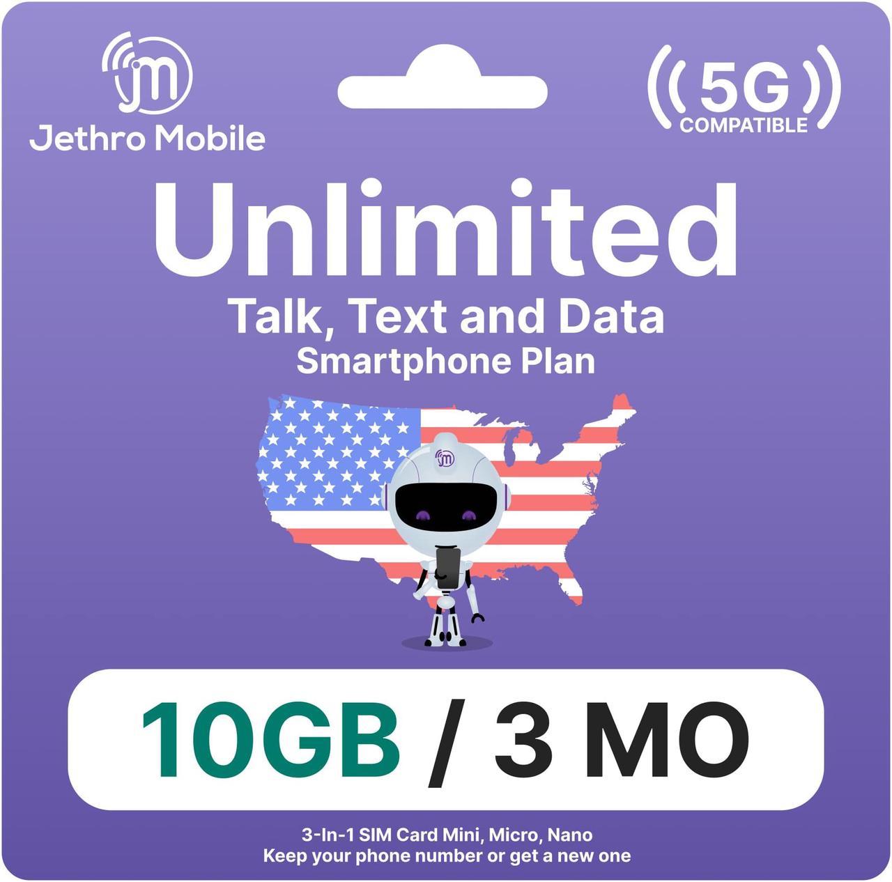 Jethro Mobile USA Prepaid Sim Card [3 Months] with Unlimited Talk & Text, 10GB High-Speed Data - Nano Micro Standard 3 in 1