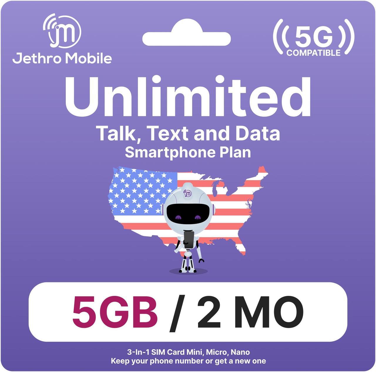 Jethro Mobile USA Prepaid Sim Card [2 Months], Unlimited Talk & Text, 5GB High-Speed Data - Nano Micro Standard 3 in 1 Activation Kit