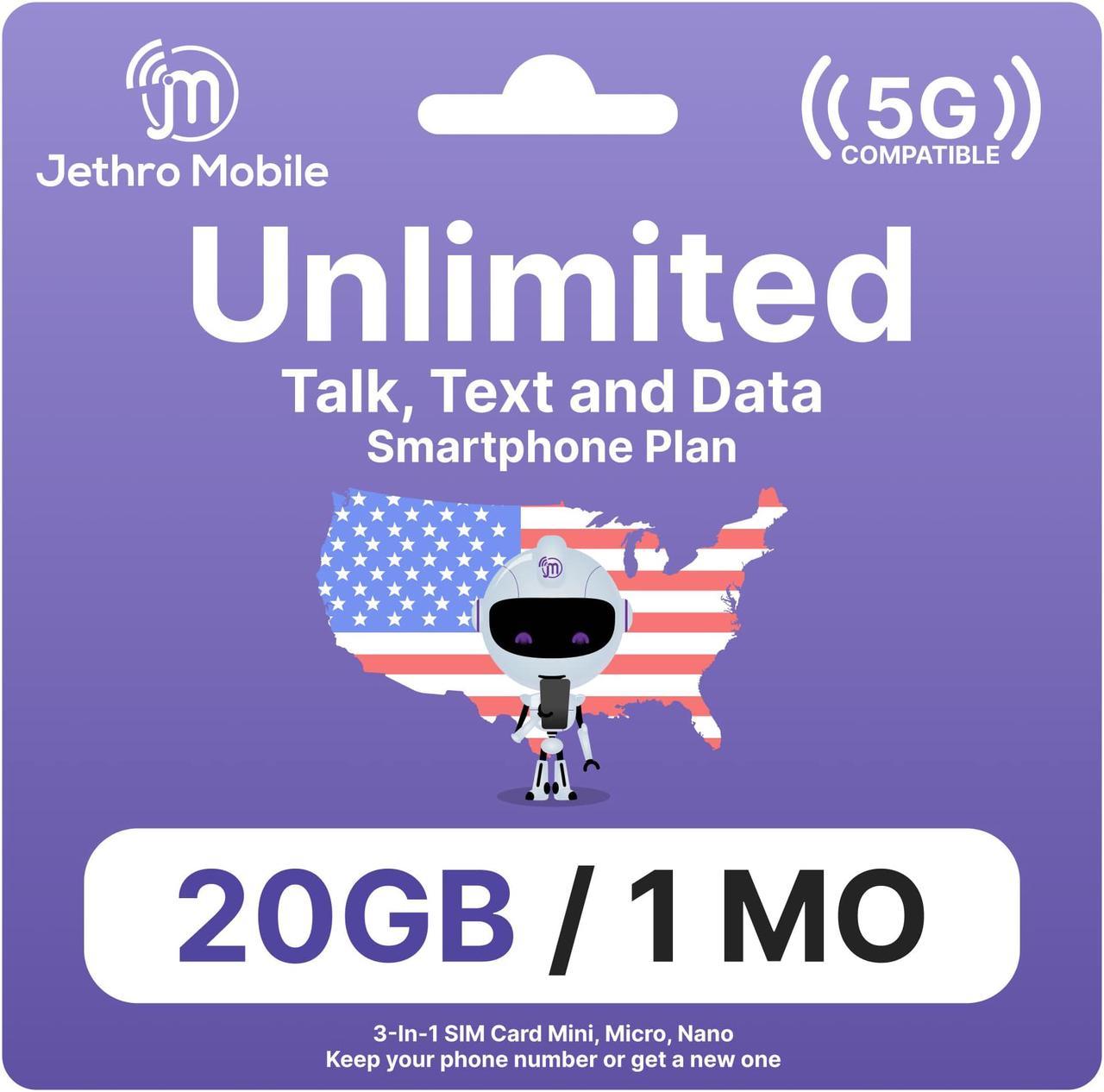 Jethro Mobile [30 Days] USA Prepaid Sim Card with Unlimited Talk & Text Data (20GB 5G/4G LTE) - Nano Micro Standard 3 in 1